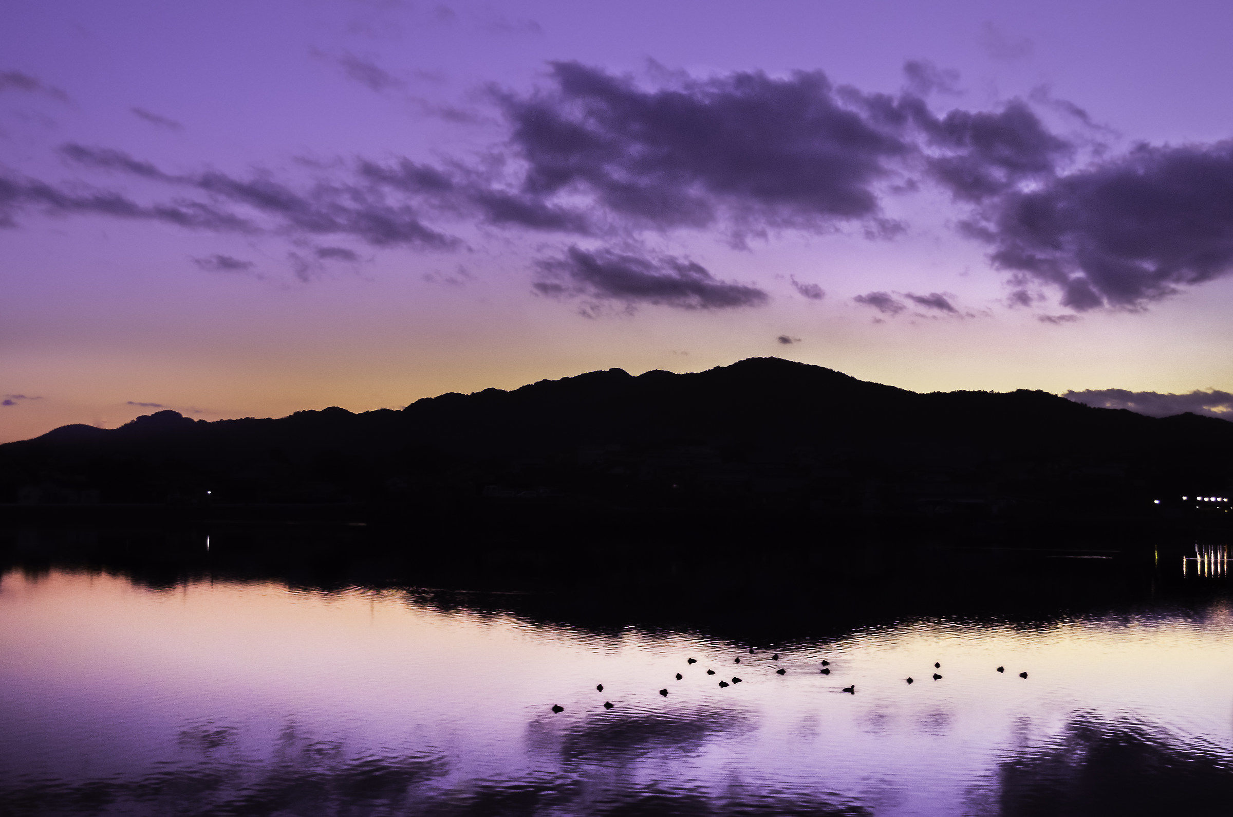 Sunset over a lake in Japanese countryside