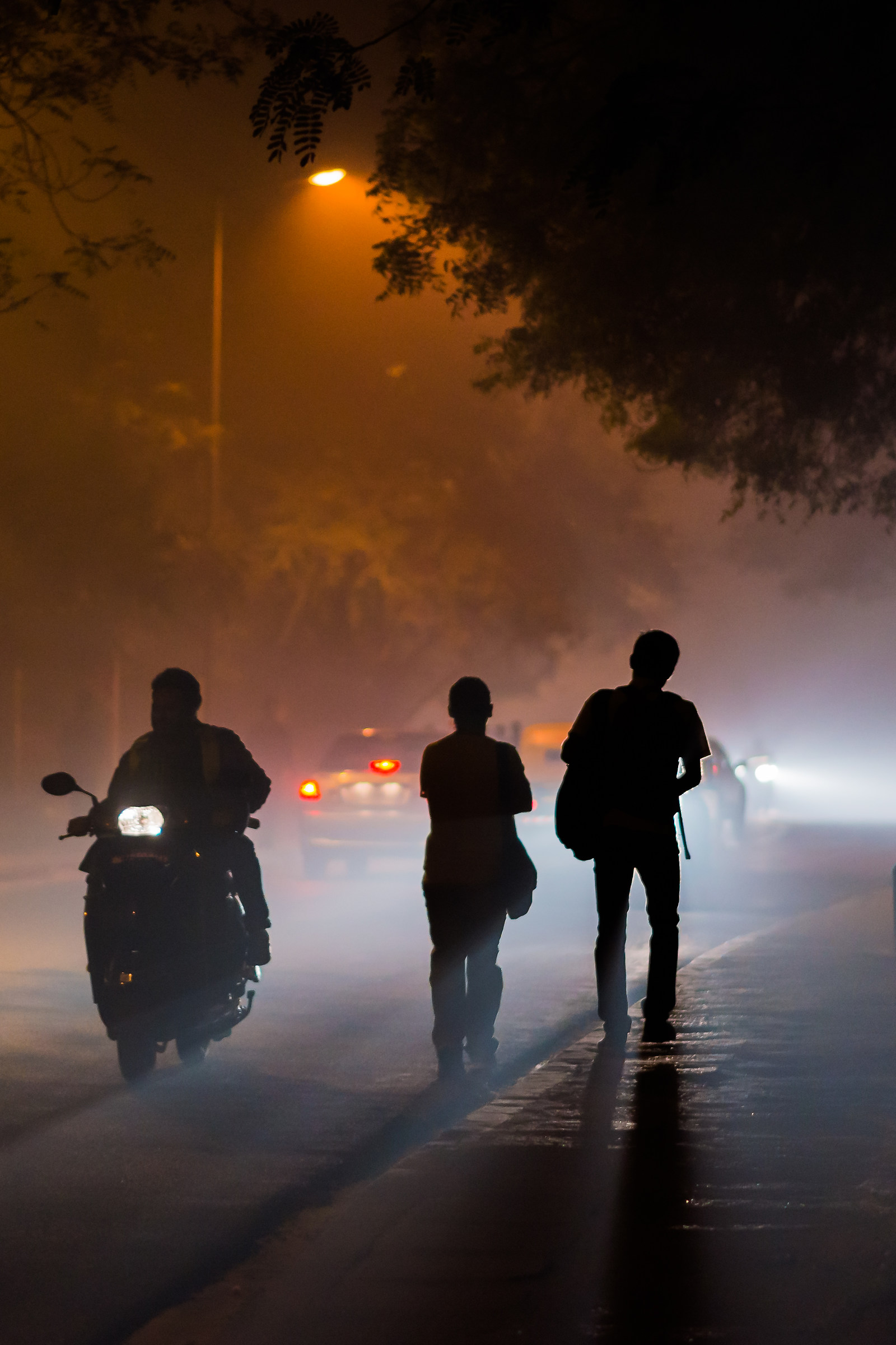 Una sera d'inverno nebbioso nelle strade di Nuova Delhi,...