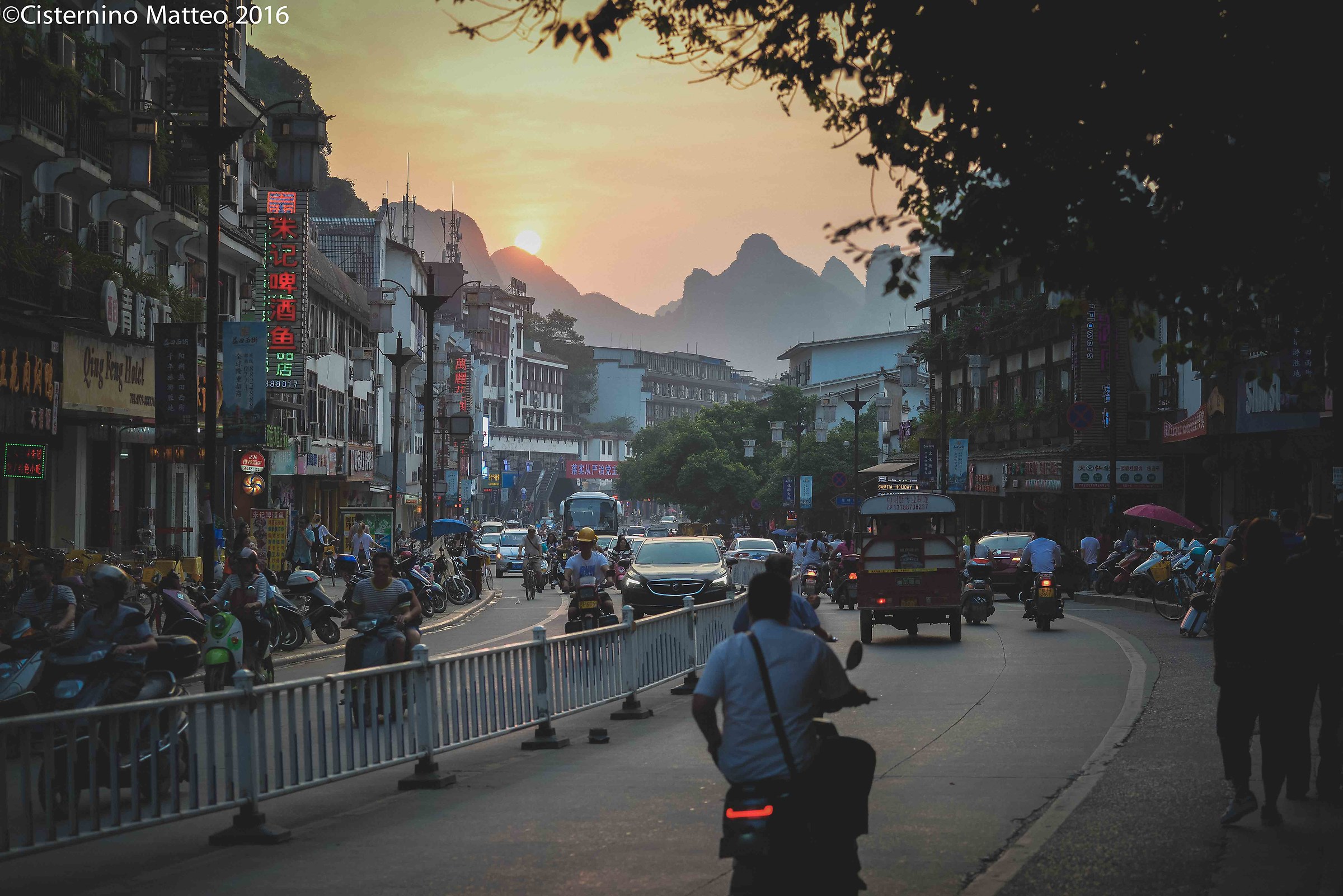 Traffic at sunset on Yangshuo, Guilin, Guangxi, China