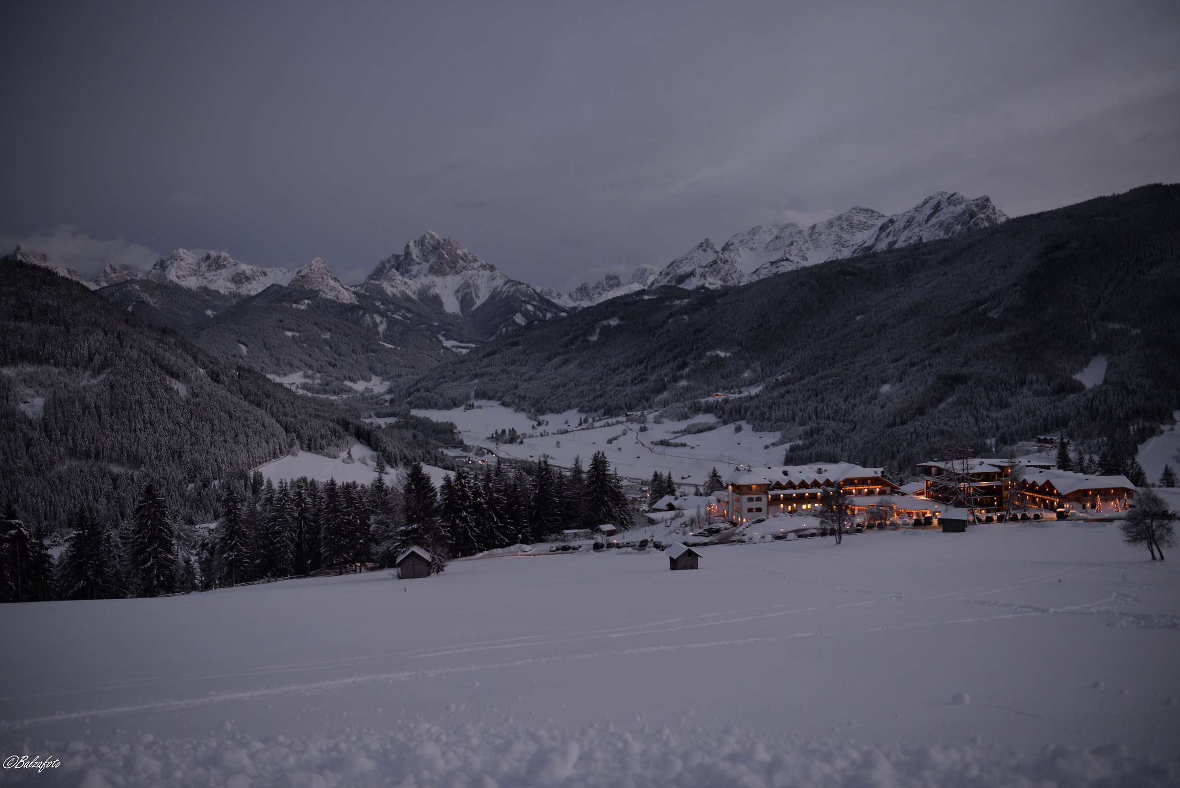 Winter landscape at sunset seen towards Braies