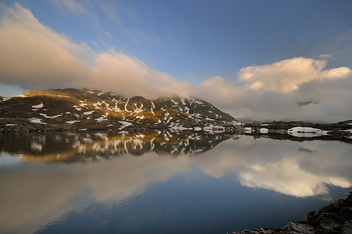First rays of sun on the Grimsel Pass