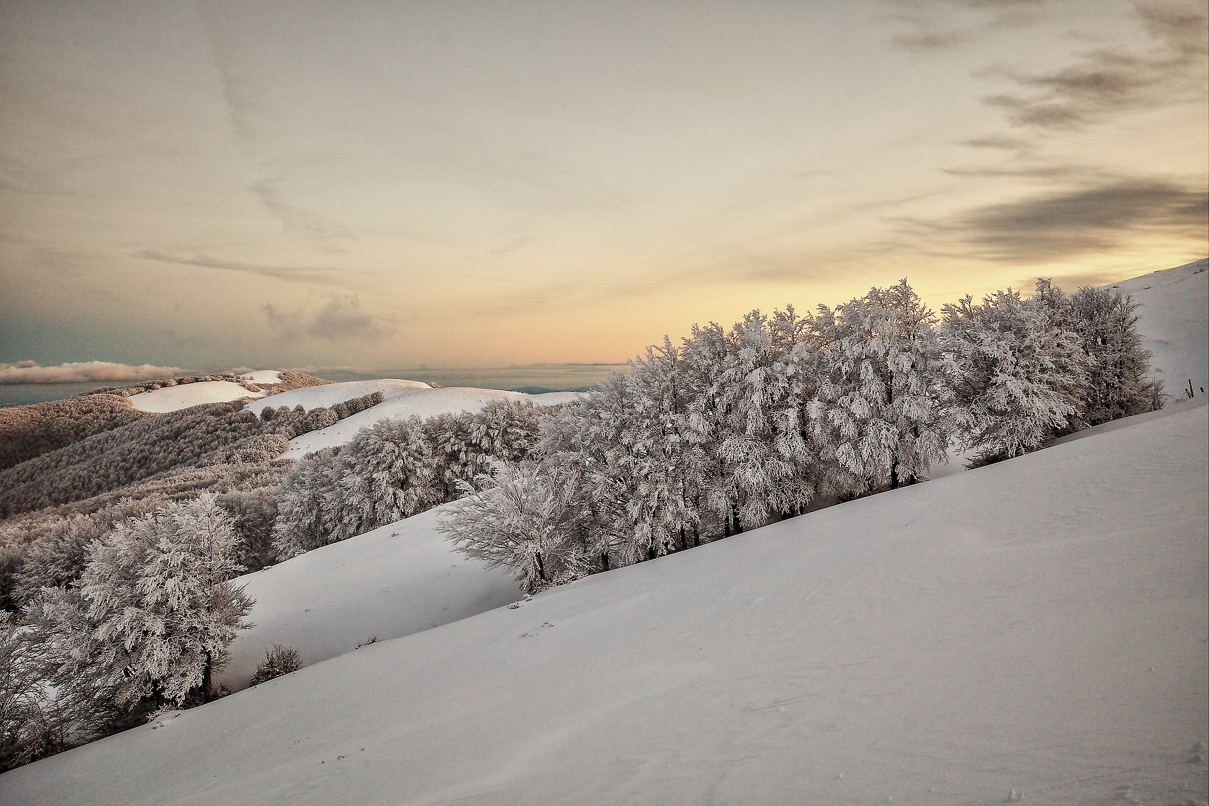 Snowy sunset in the Pratomagno