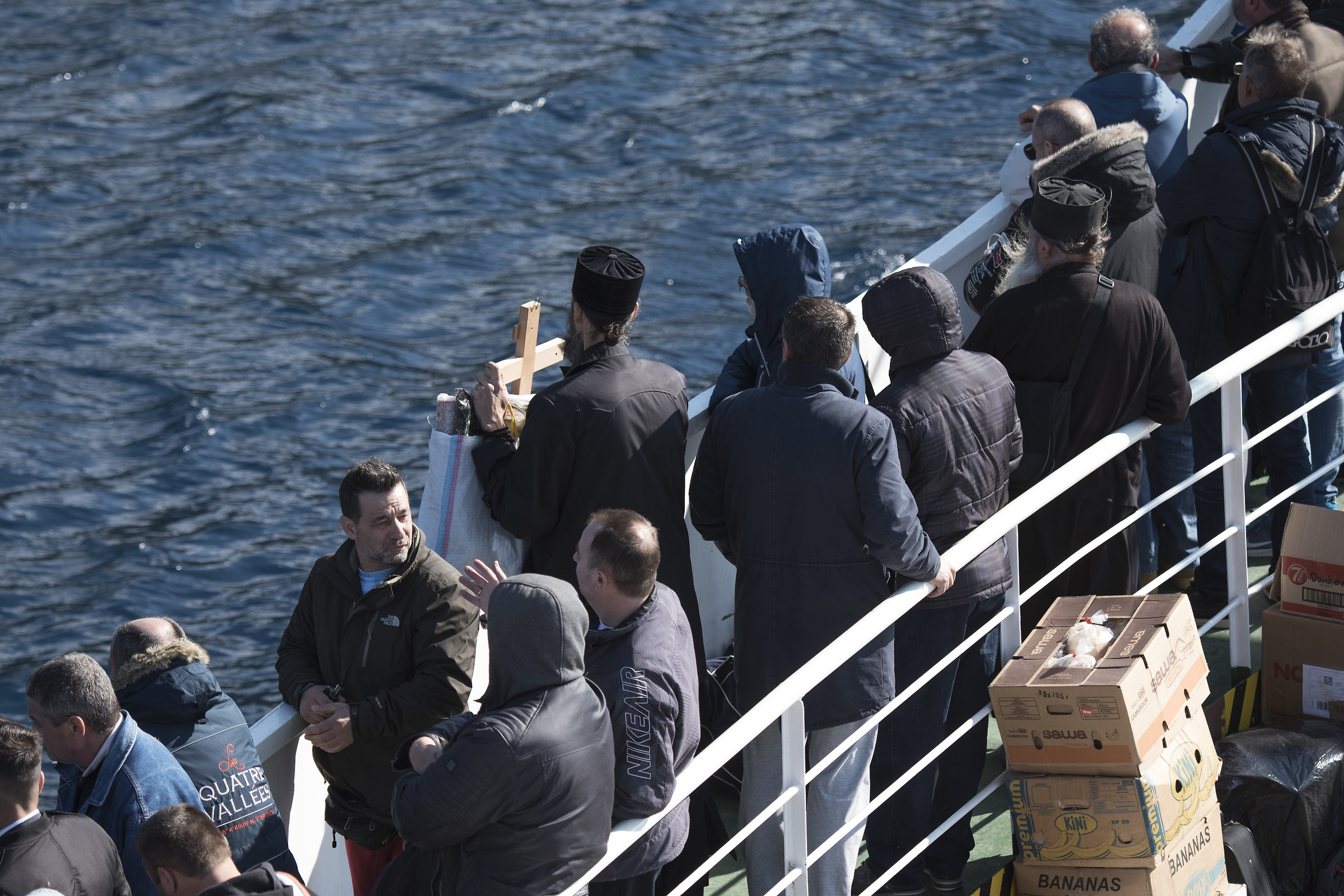 Pilgrims on the ferry to the Republic of Monte At