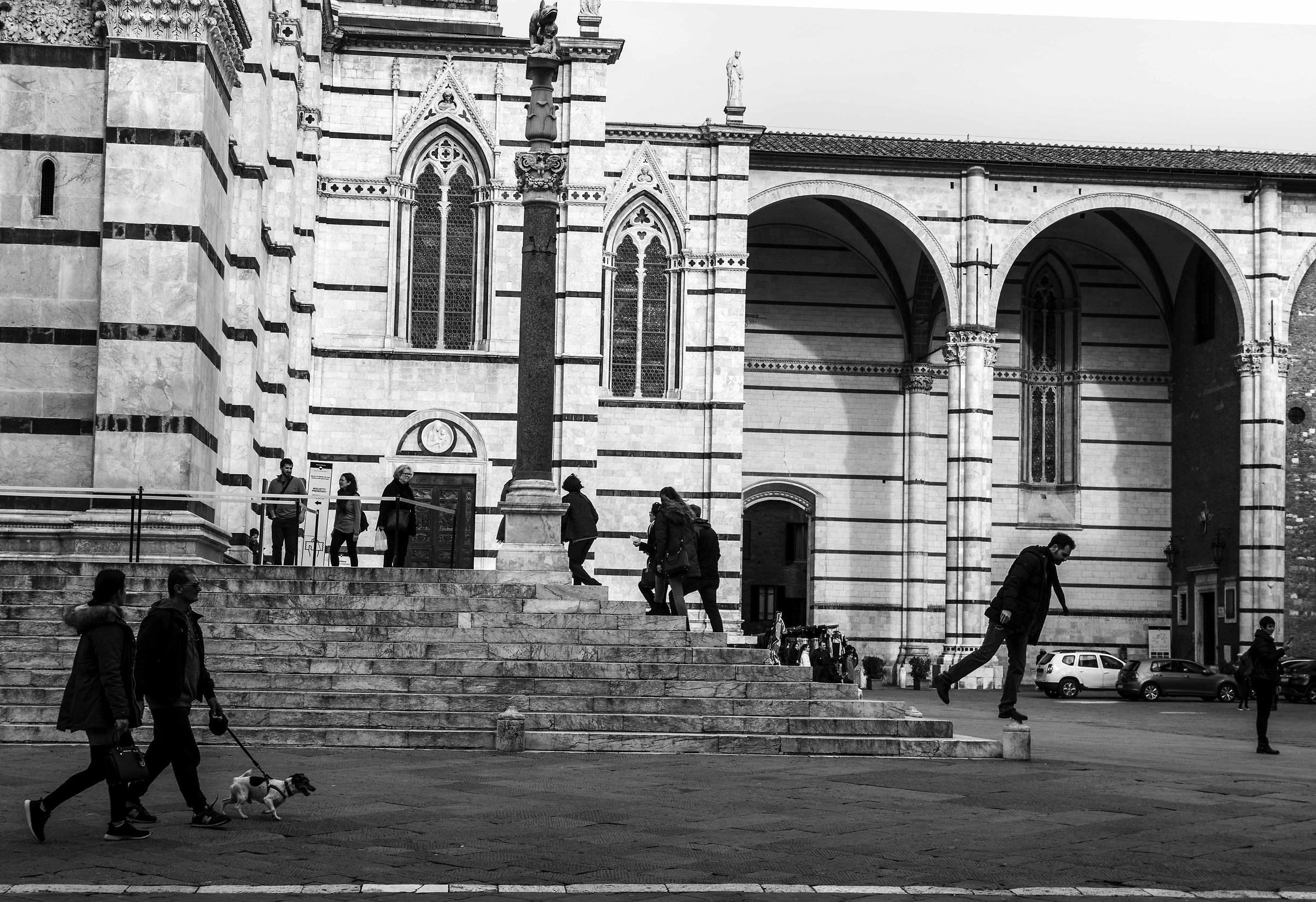People, dogs and characters on the stairs of the Duomo