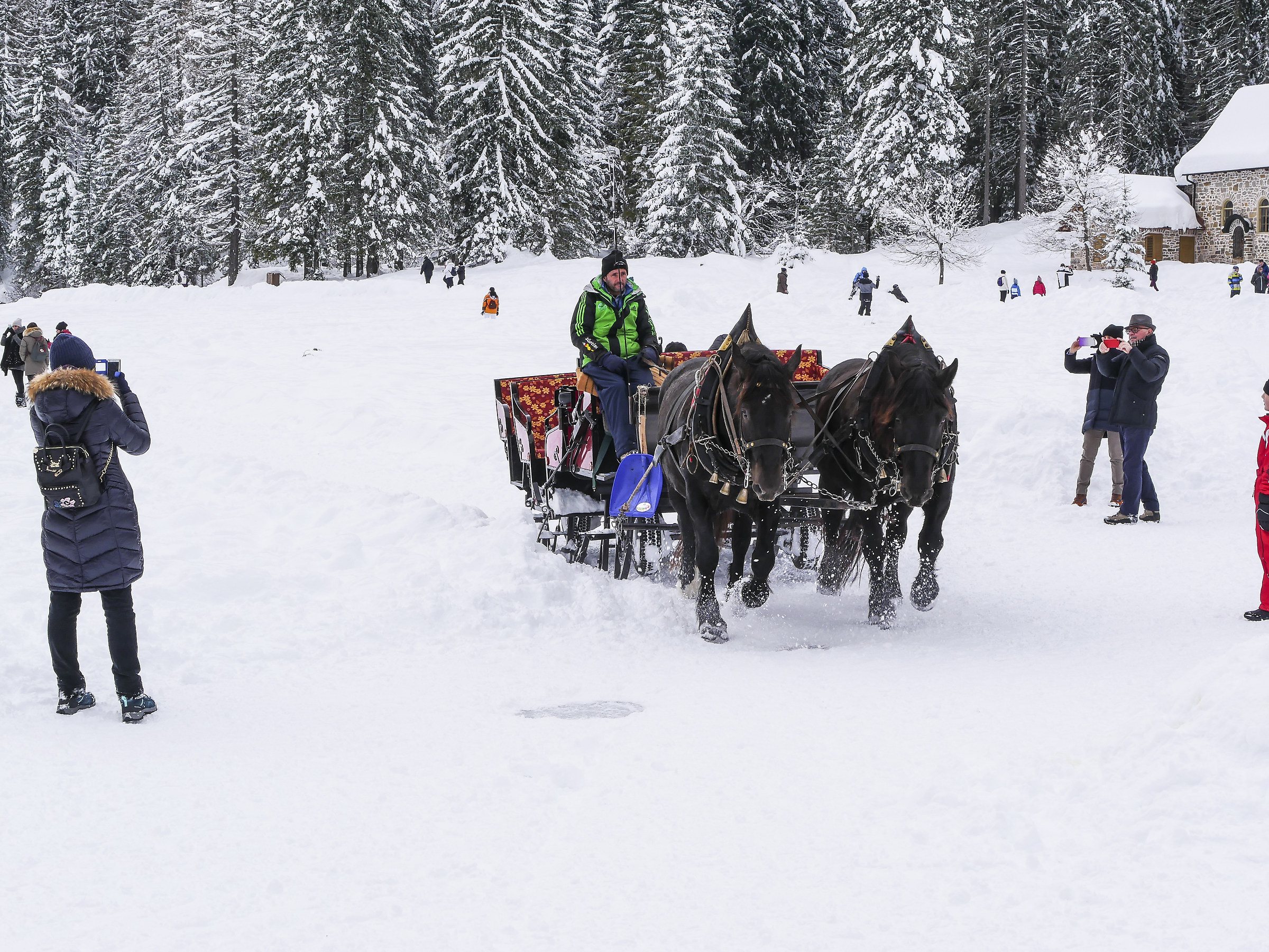 Tourist carriage in the frozen Braies lake