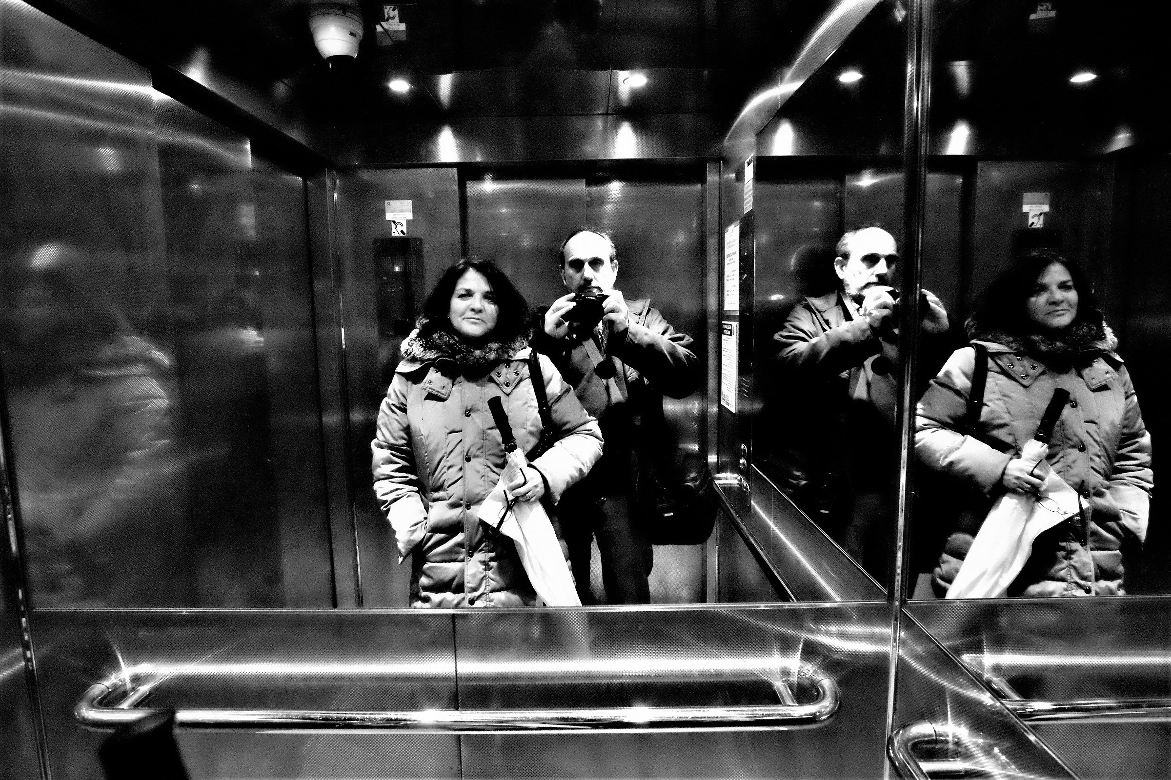 Self-portrait with my wife in a lift