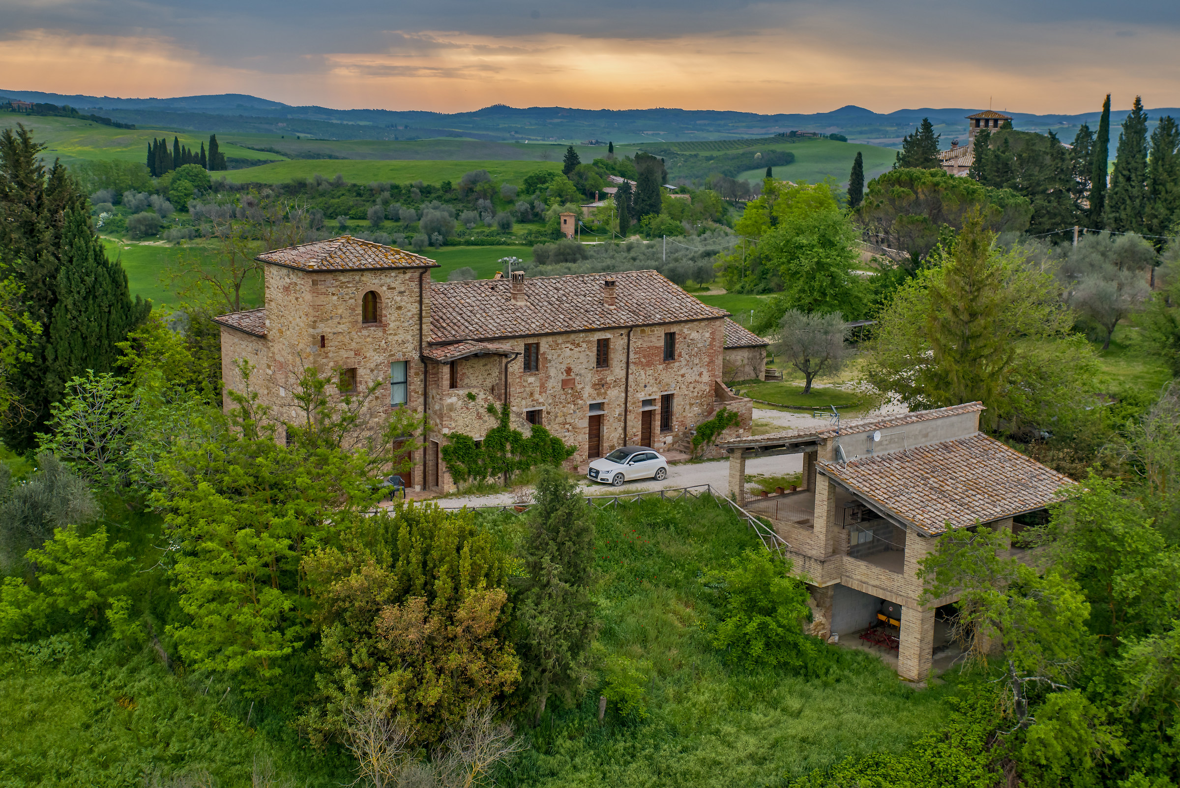 Farmhouse seen from hot air balloon
