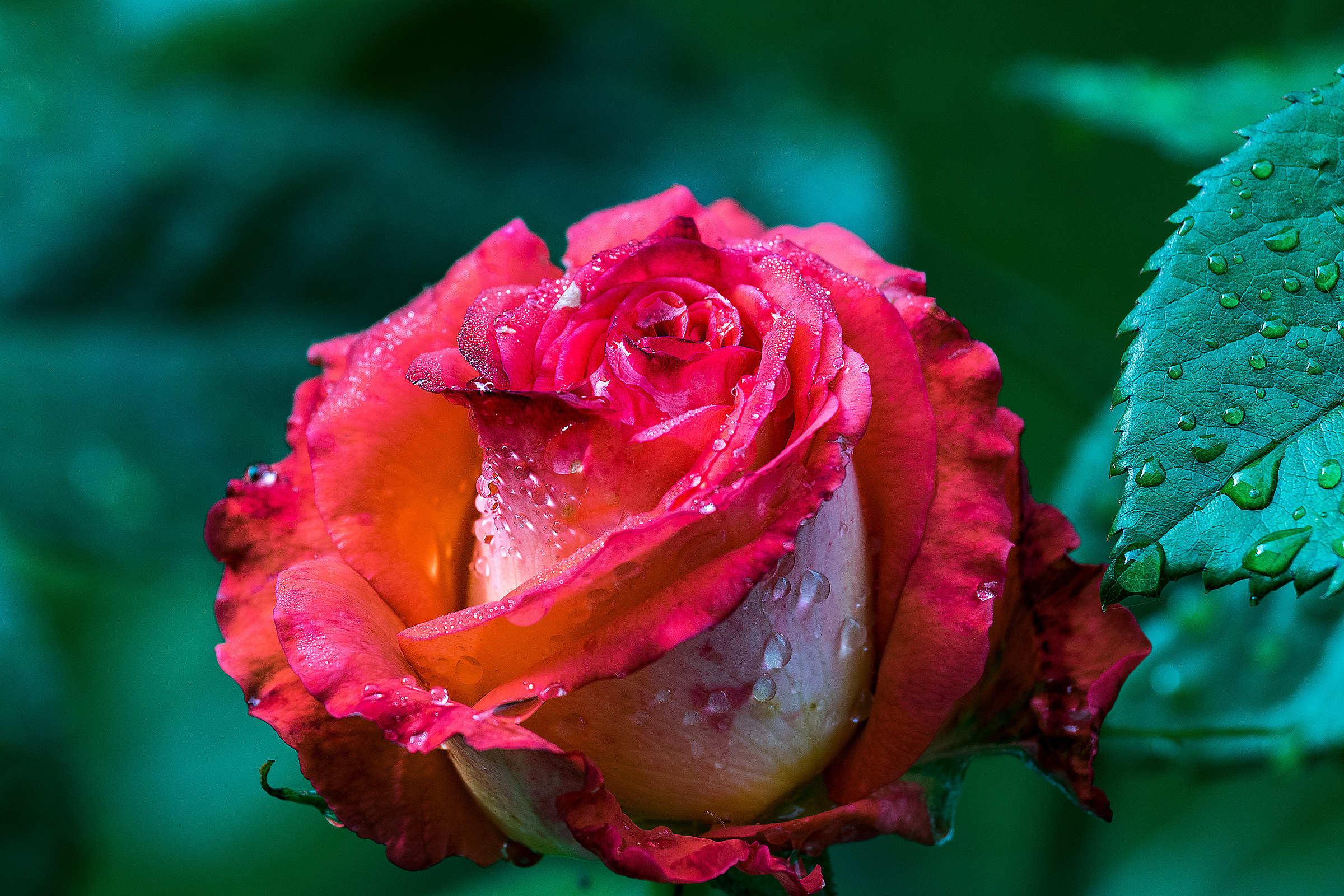 Rosa bagnata con foglia