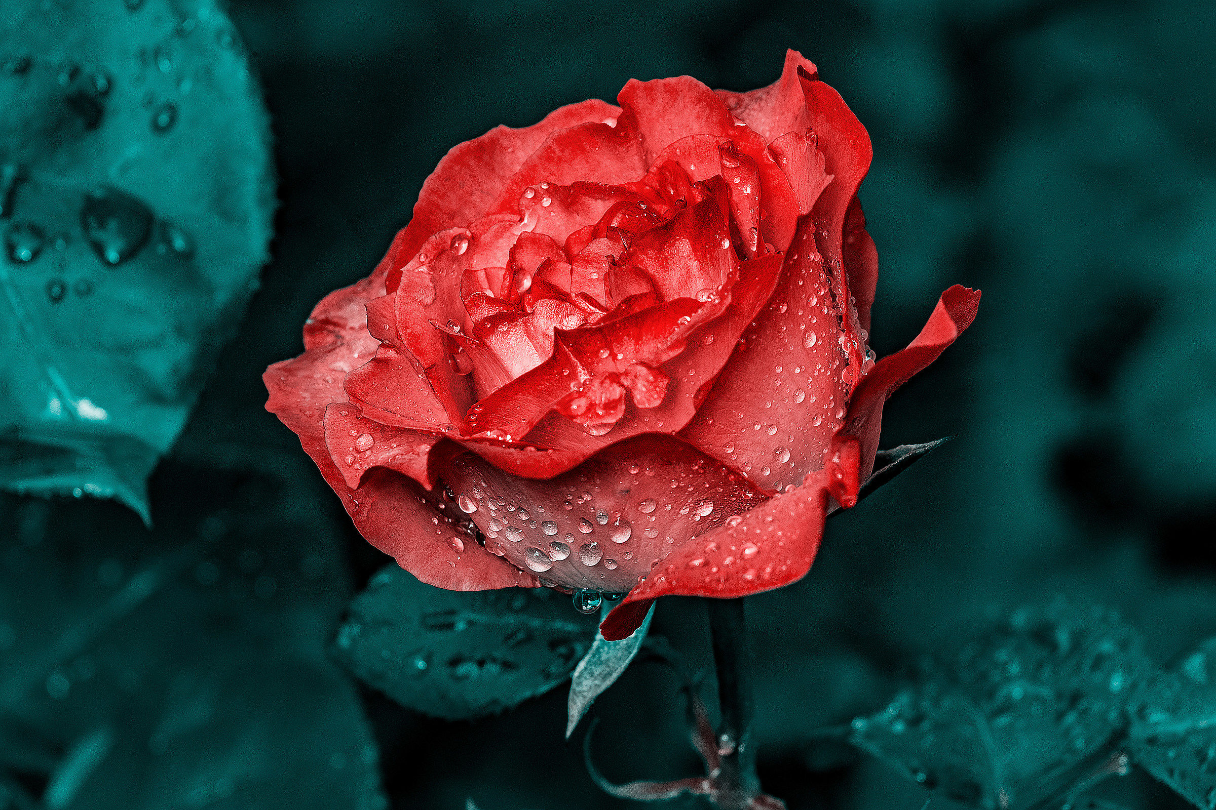 Rosa bagnata con foglia 2