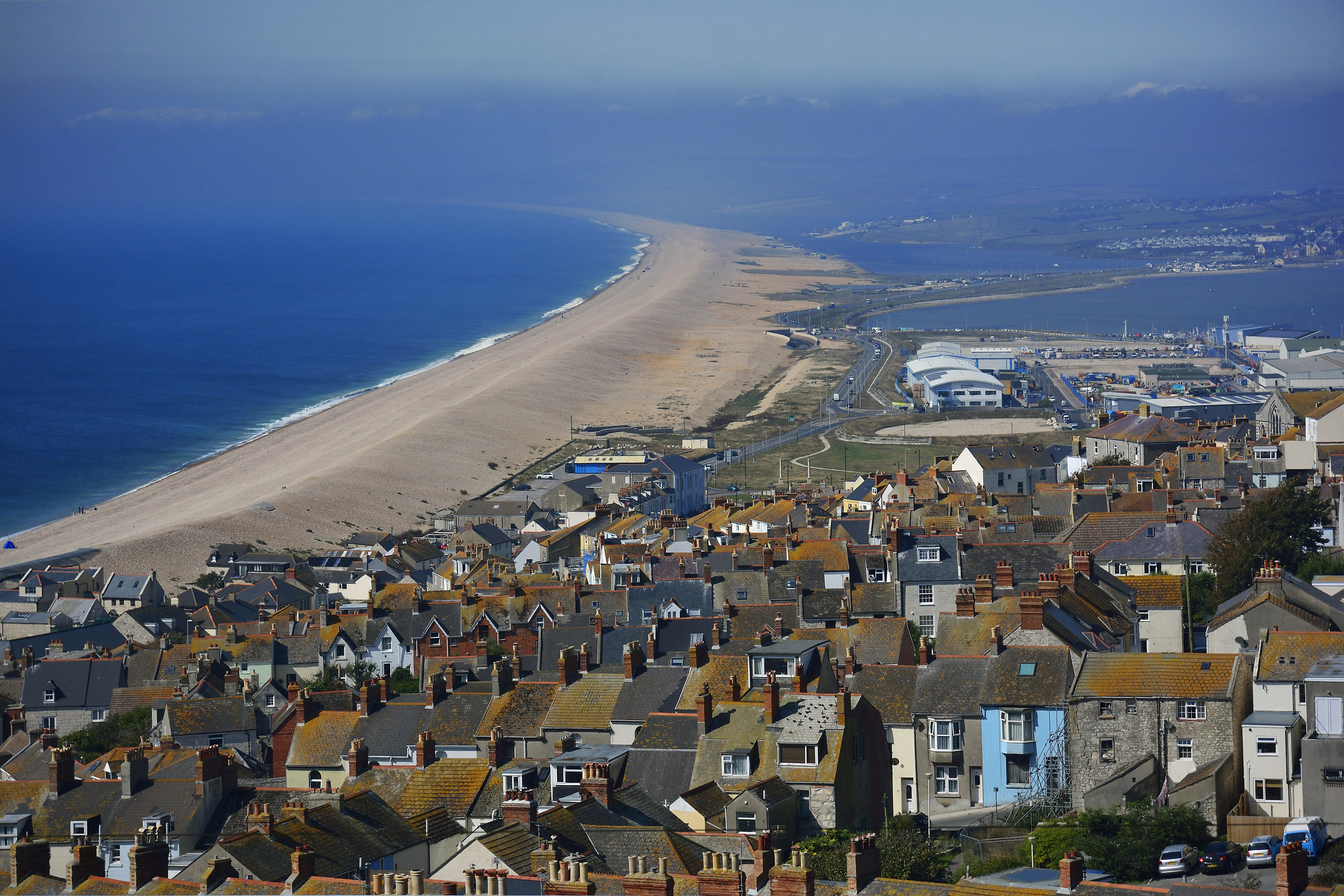 Dorset's 29km Chesil Bank from over the Rooftops
