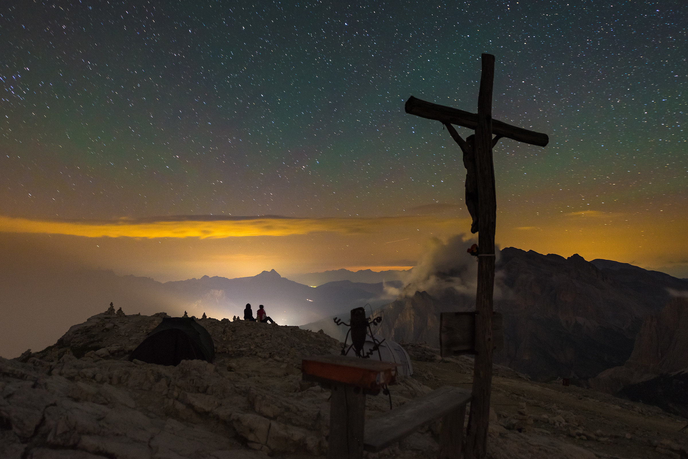 Pondering under the Aurora in the Dolomites