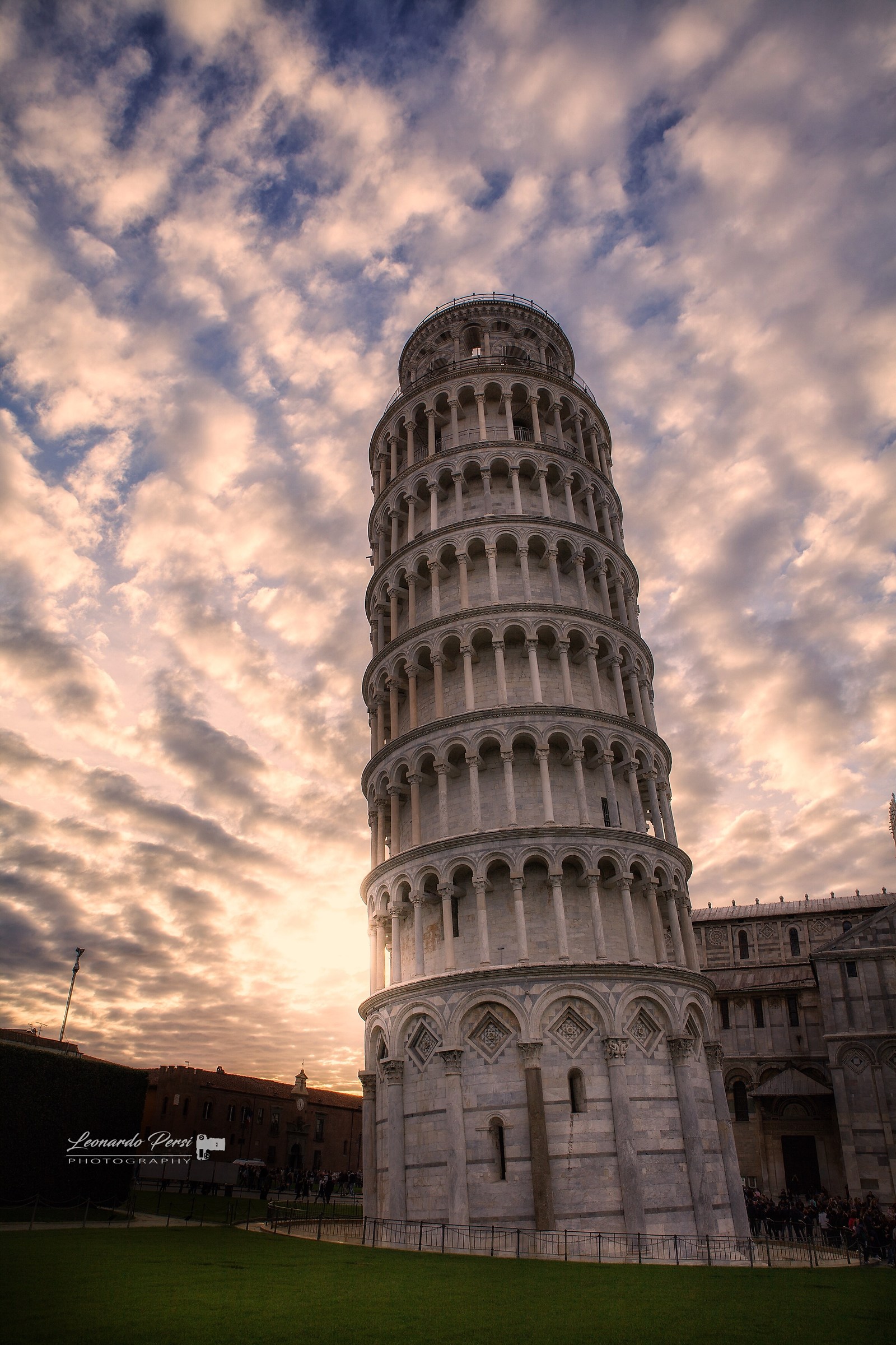 The tower of Pisa in all its splendor at sunset.