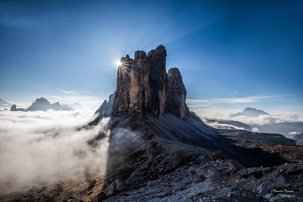 The three peaks of Lavaredo kissed by the sun.