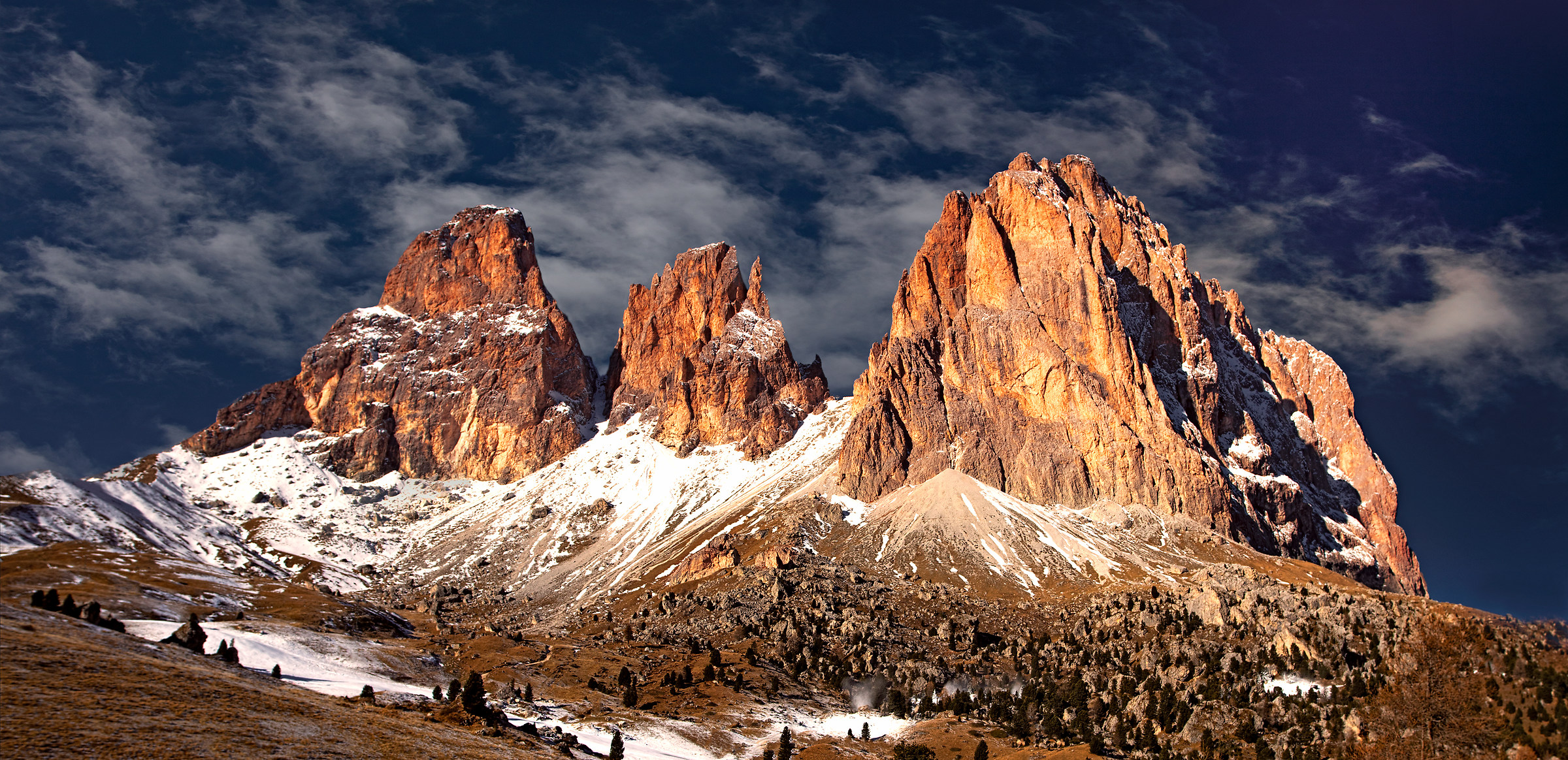 Dolomites: View of the Sassolungo from the Sella Pass