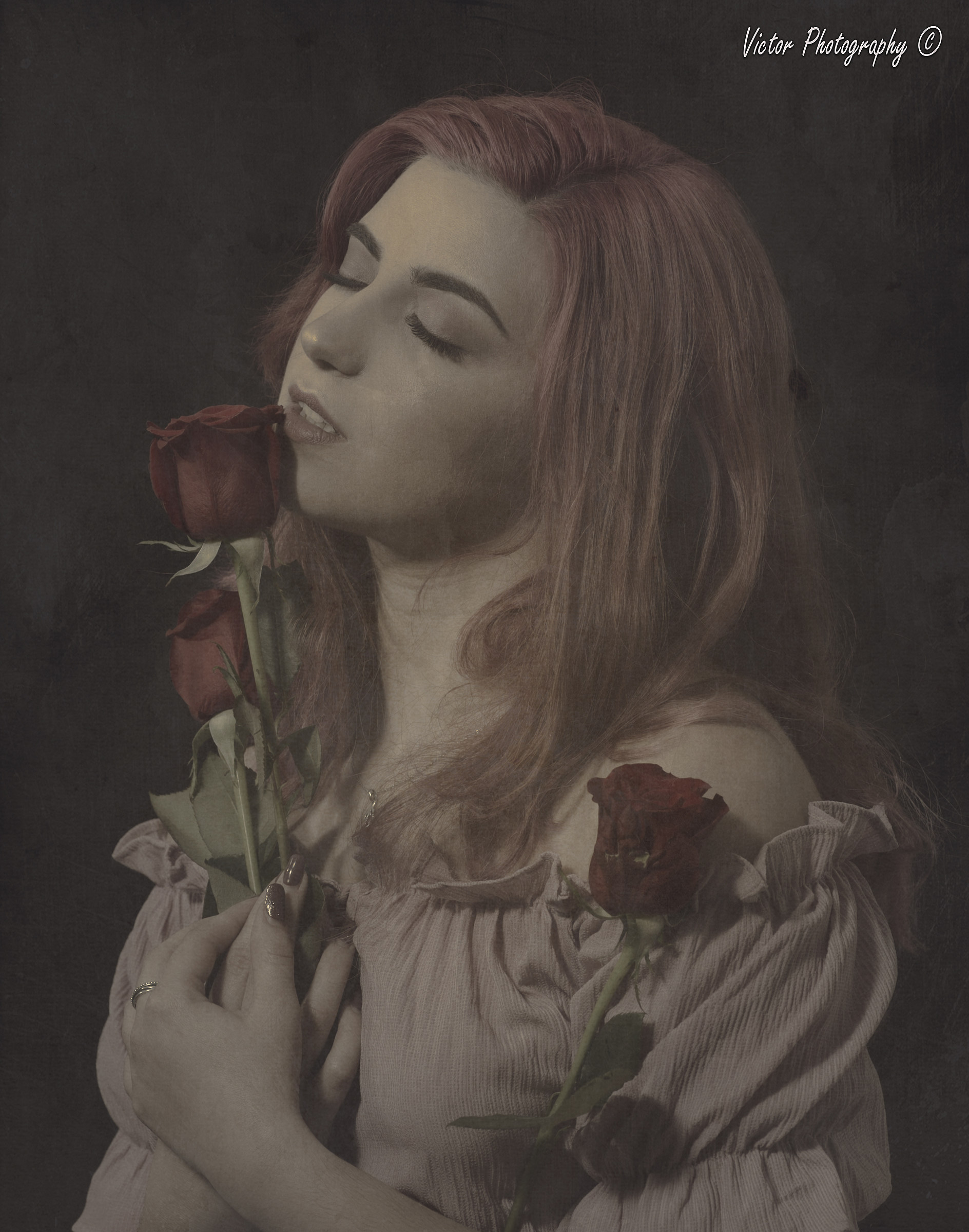 Old Portrait of a girl with roses