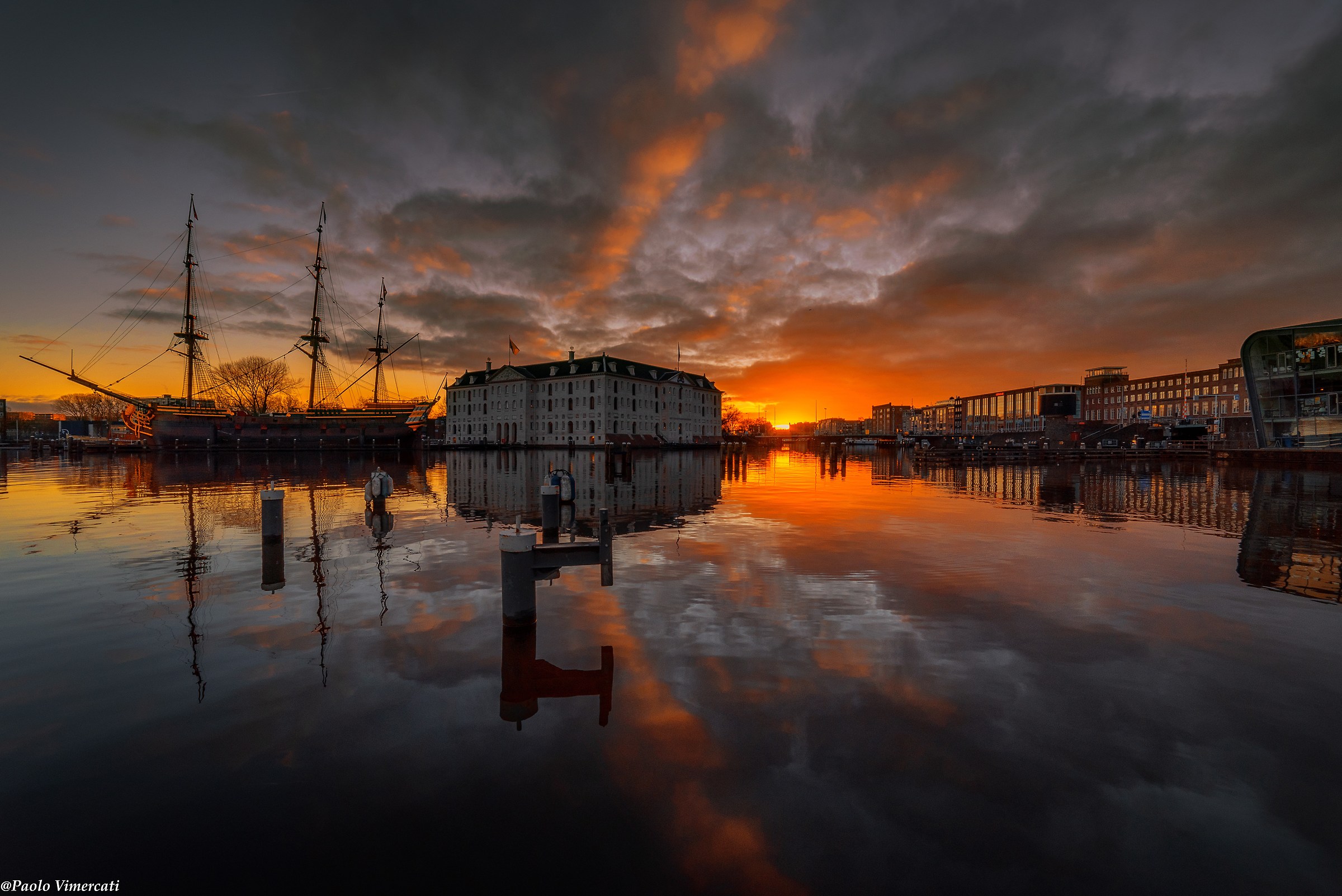 Sunrise in Amsterdam harbor
