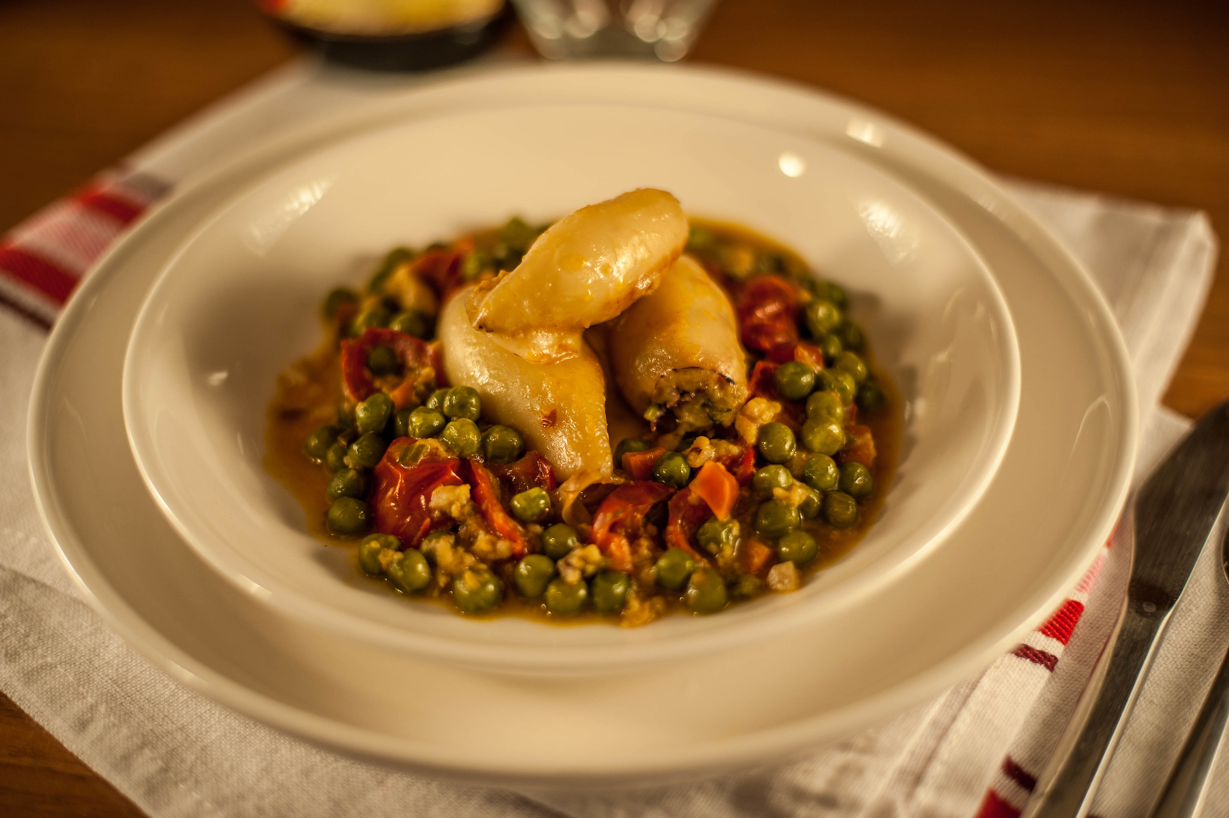 Stuffed squid with peas