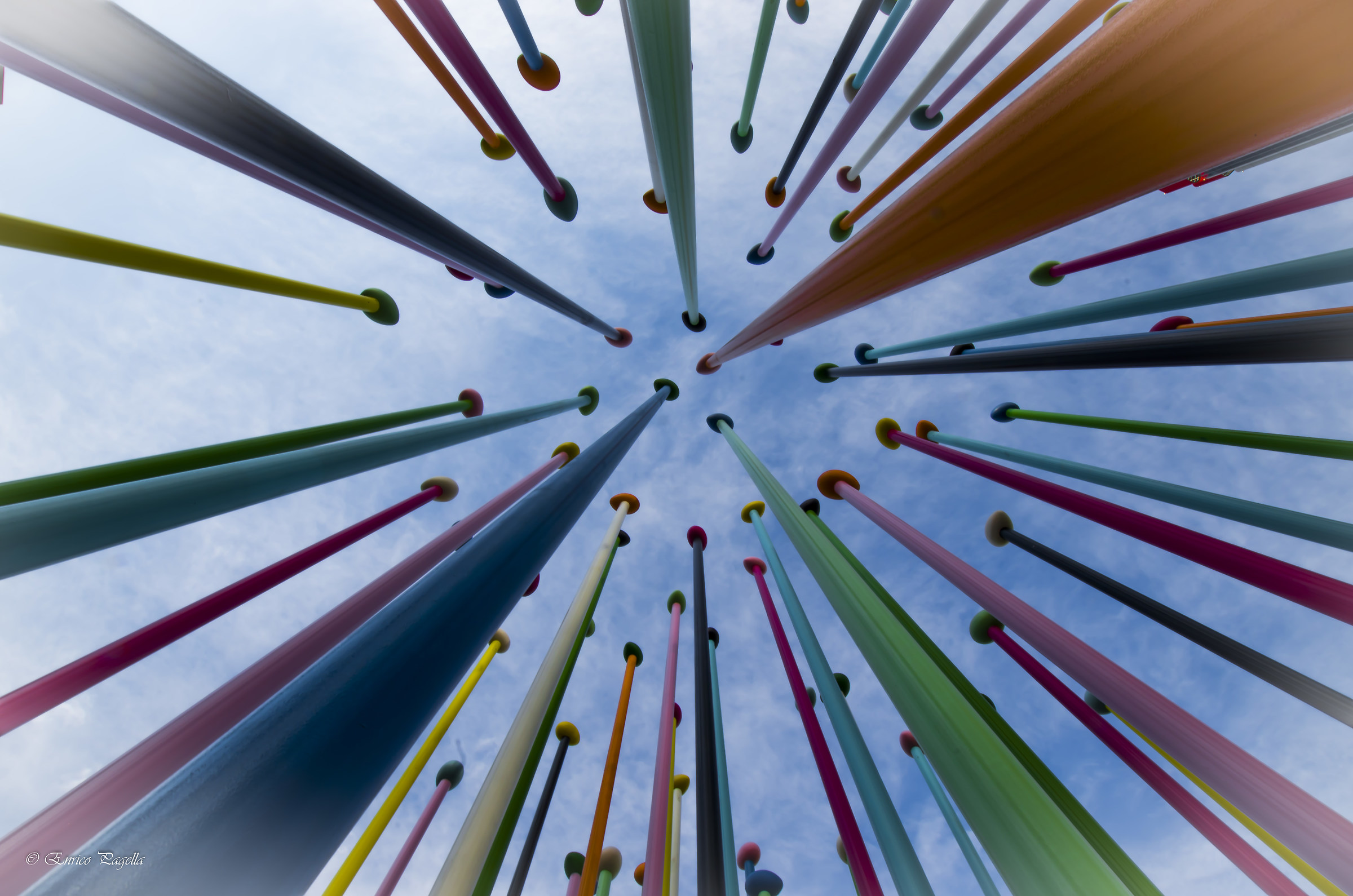 The sky seen from a basket of knitting needles