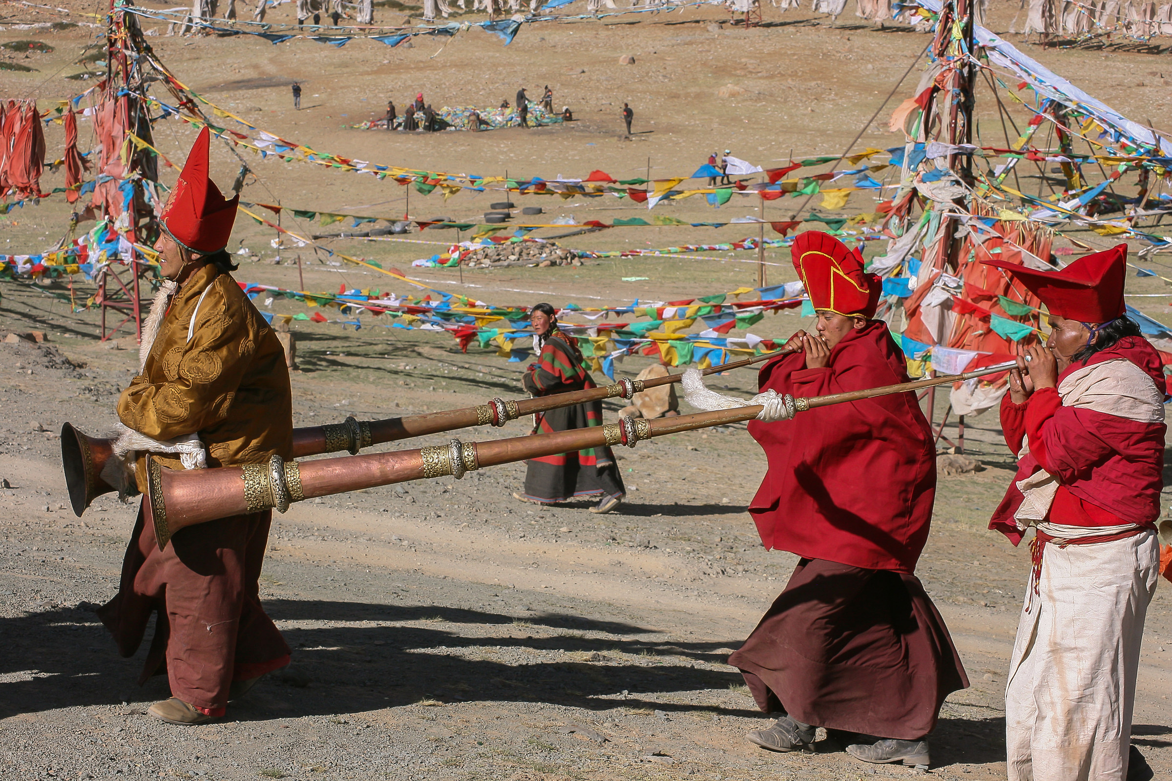Tibet: Dawa Saga and dungchen players, or Tibetan horn
