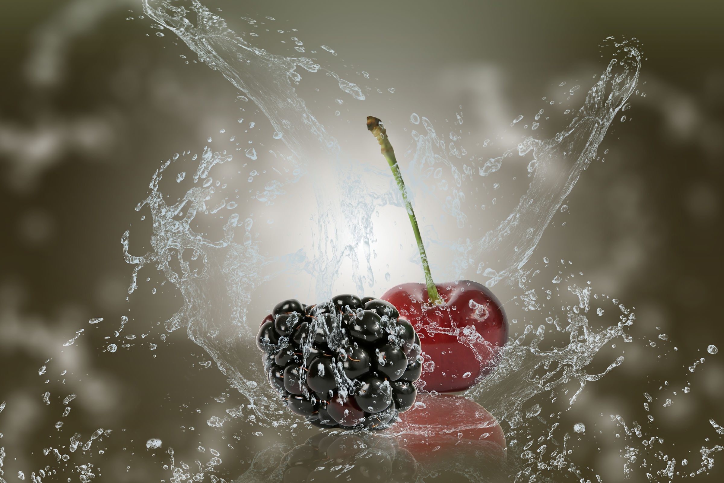 Assembly of water and fruit blackberry and cherry modificati...