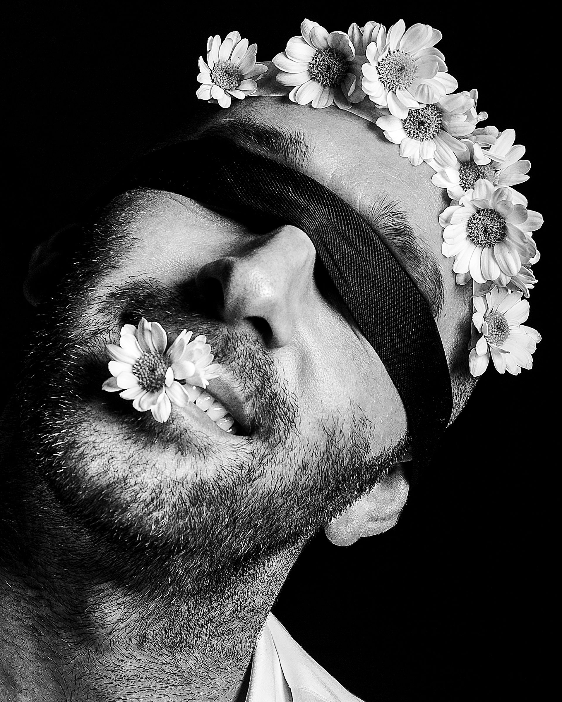Smile with a flowered blindfold