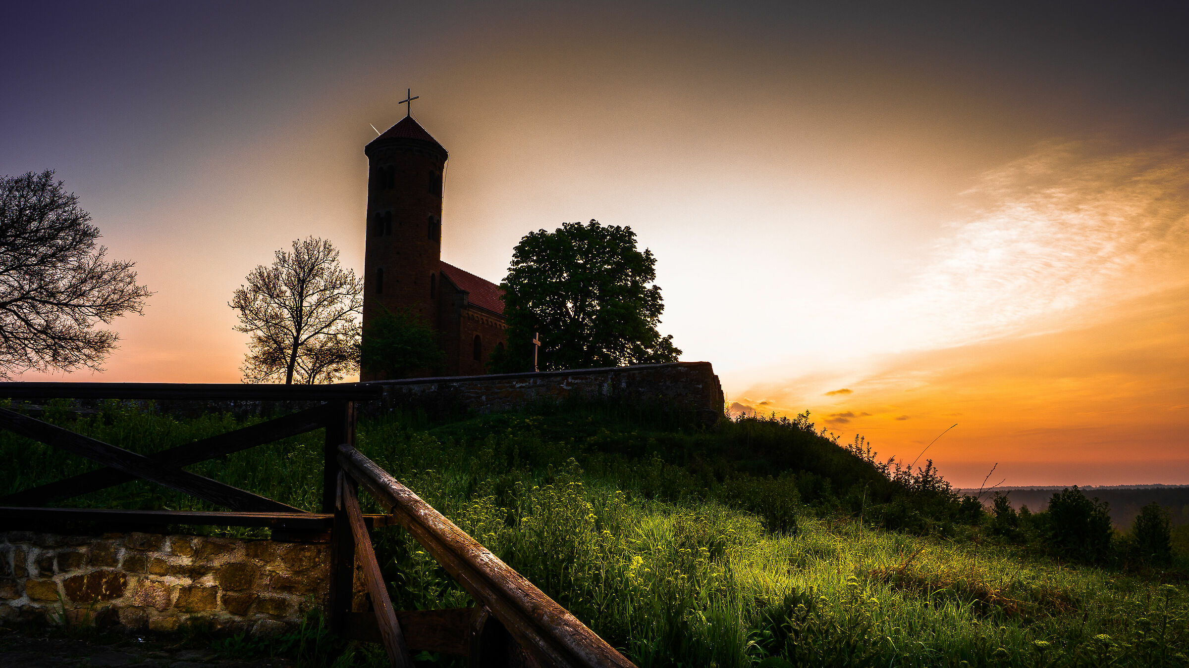 Sunrise over the church in Inowlodz