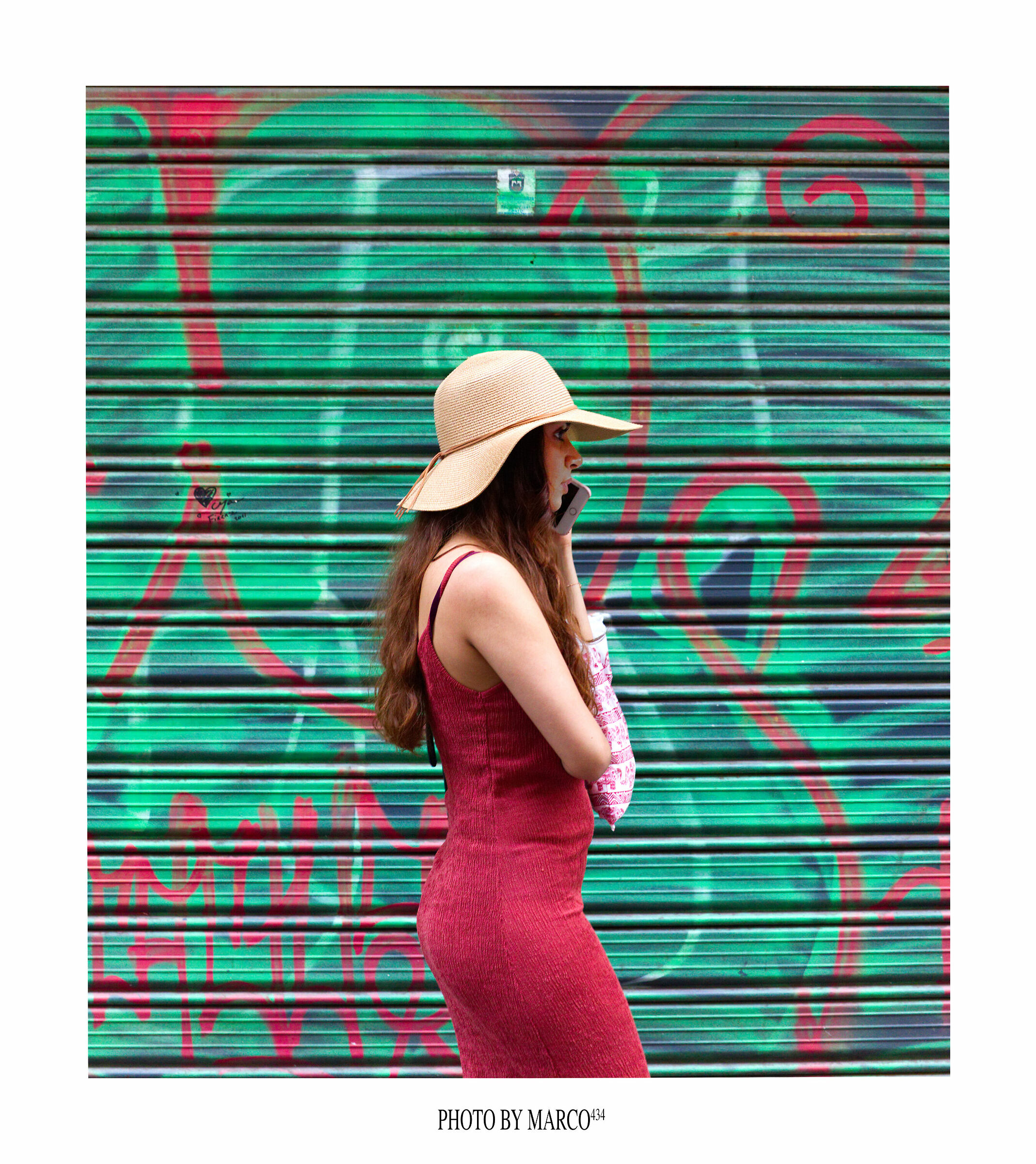 Woman in red On green