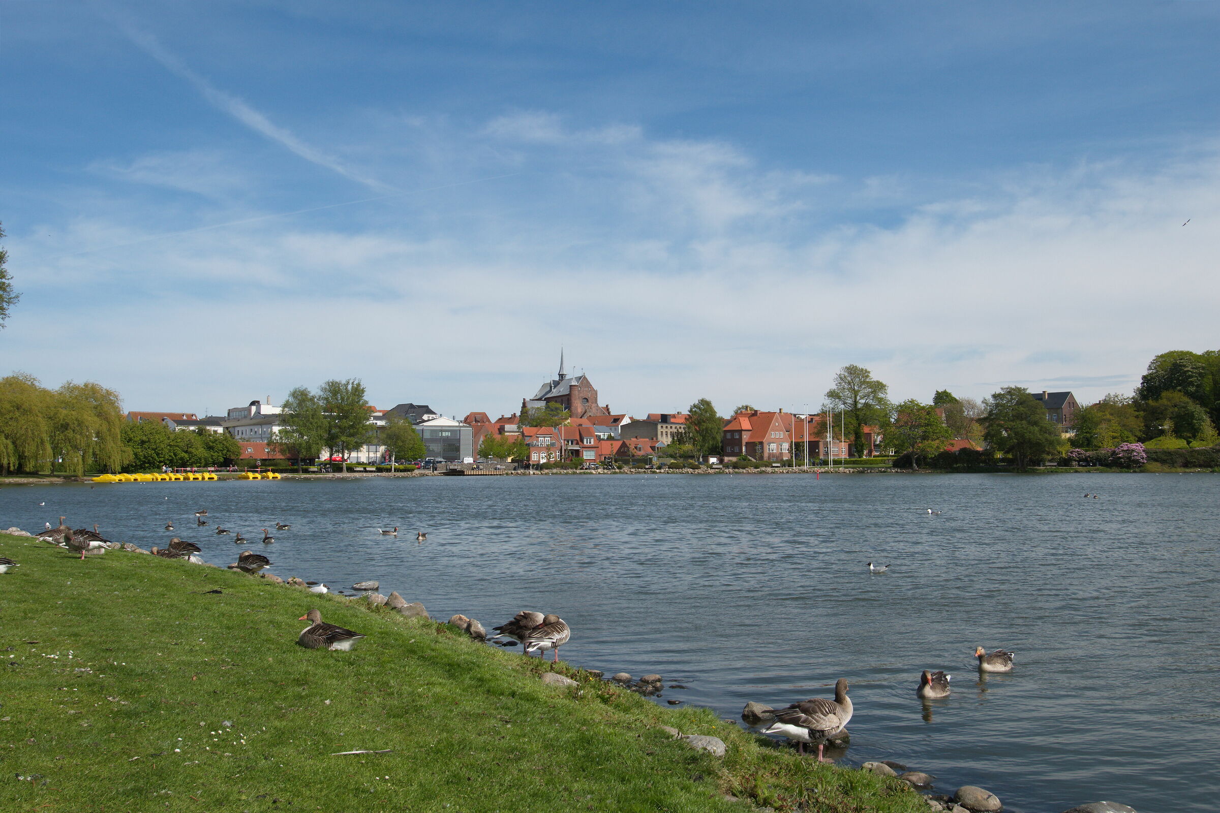 City lake and church in back