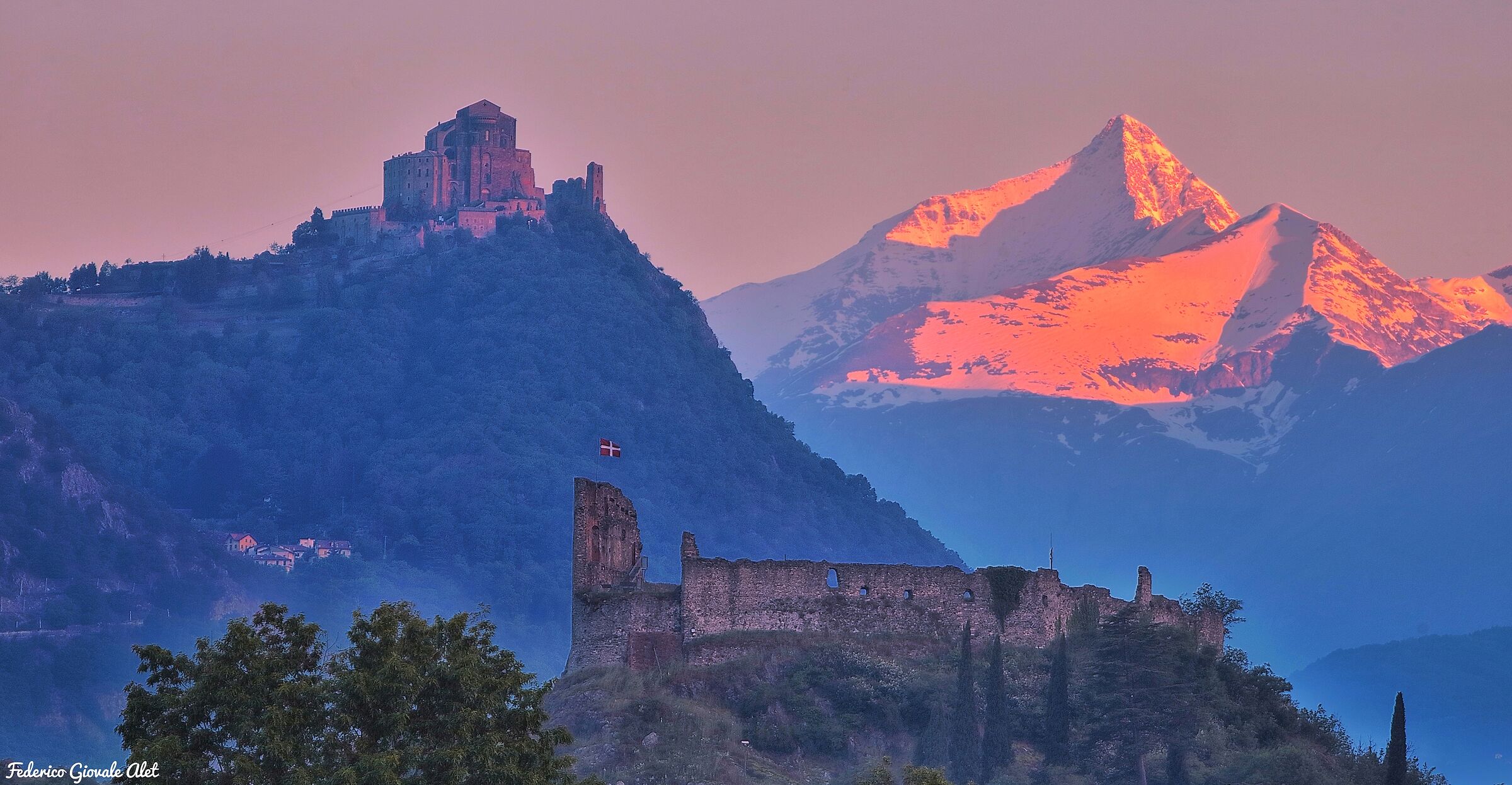 Alba Rosa with Sacra, Castle and Rocciamelone.