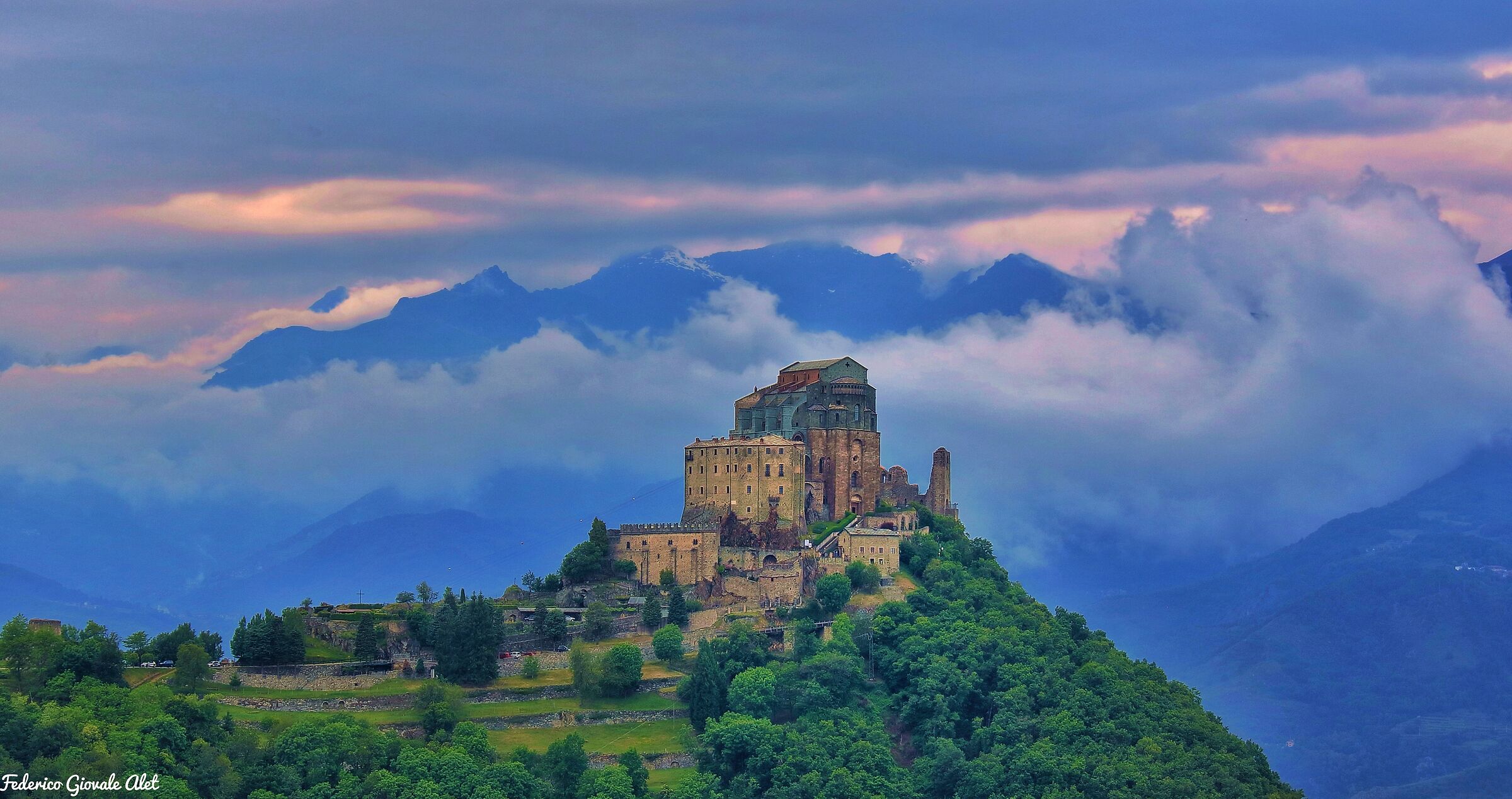 Sacra di San Michele on the far of the evening
