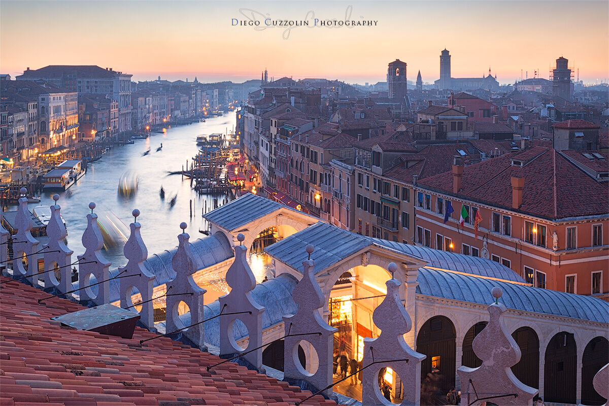 Sunset over Rialto from the Fontego of the Germans