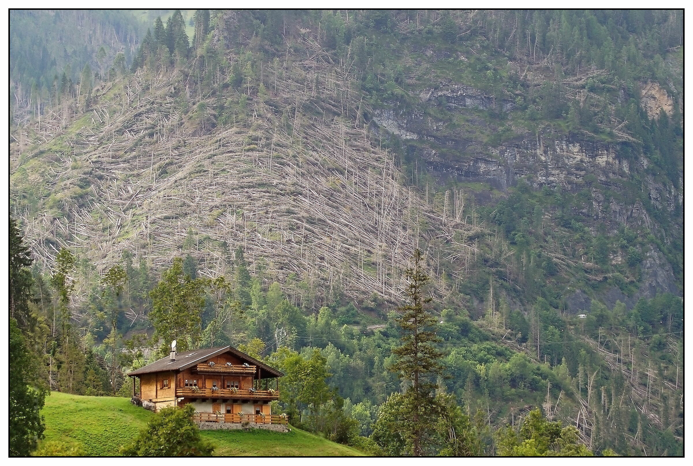 mountain landscape with destruction above