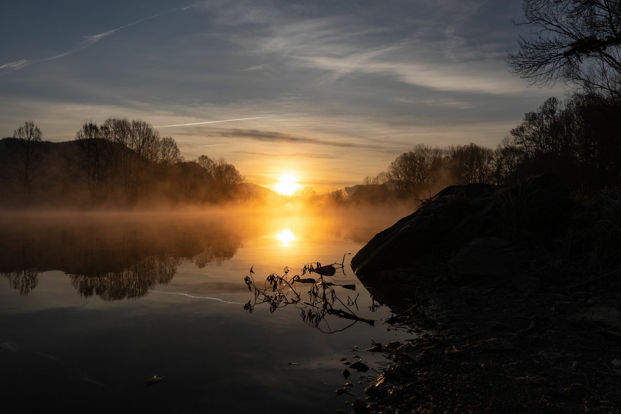 Nebbia all'alba sul lungo fiume