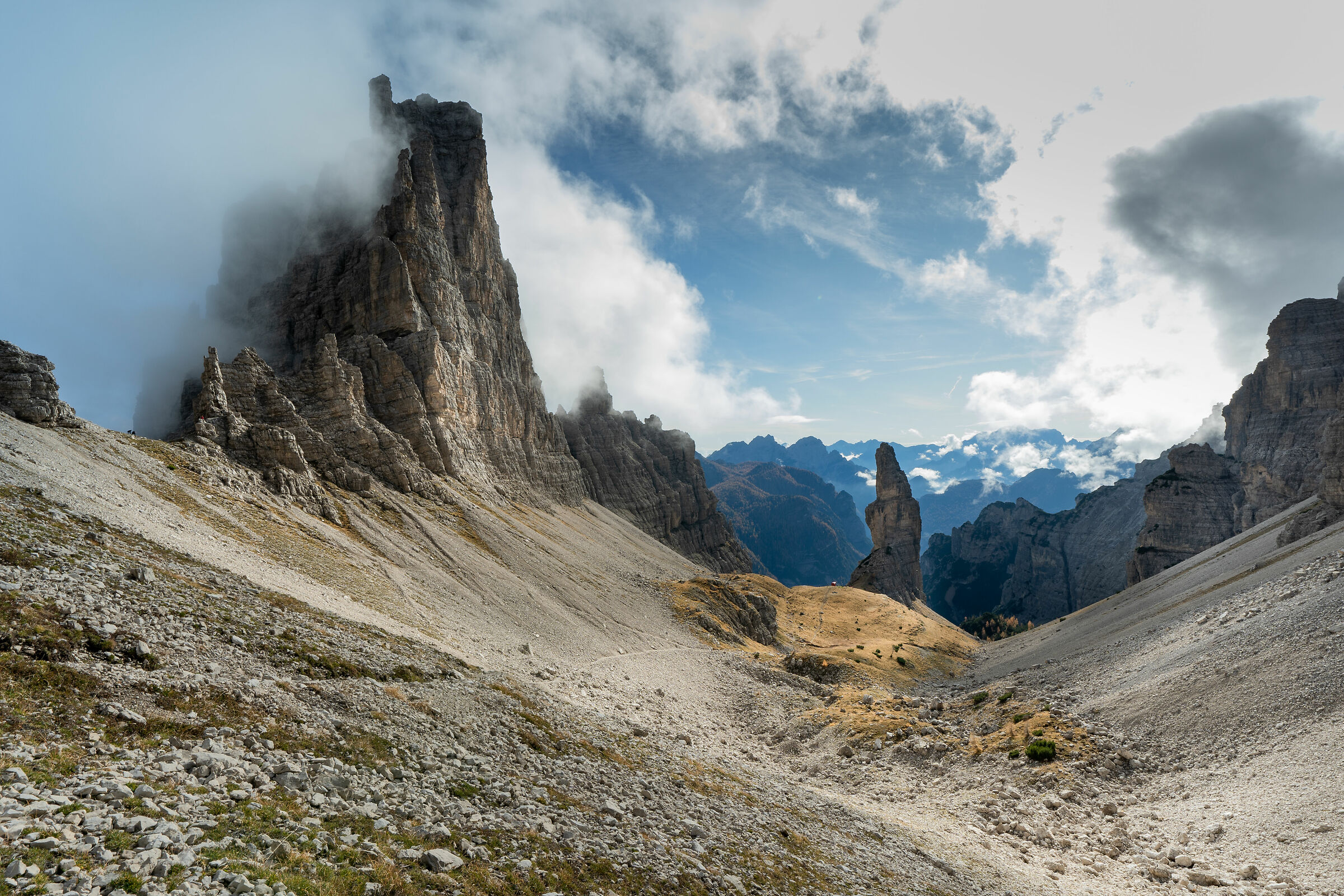 Val Montanaia bell tower descending from forc. Montanaia