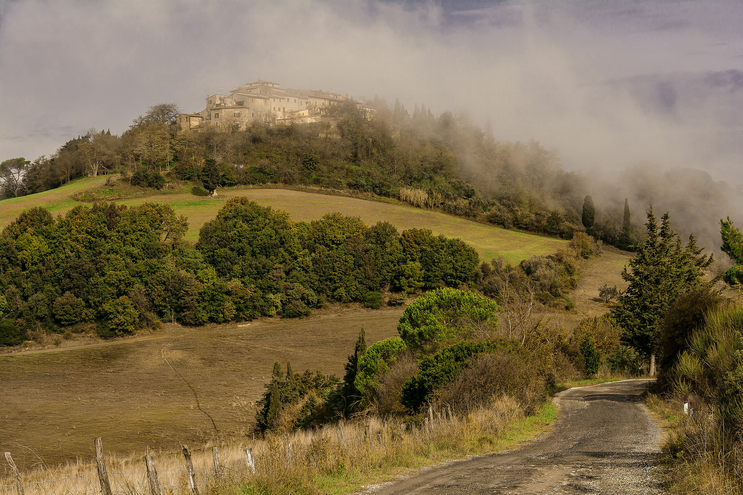 The village of Mazzolla a foggy autumn morning