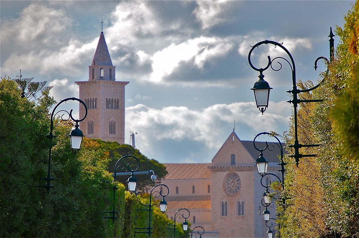 Lampioni con scorcio sulla cattedrale di Trani