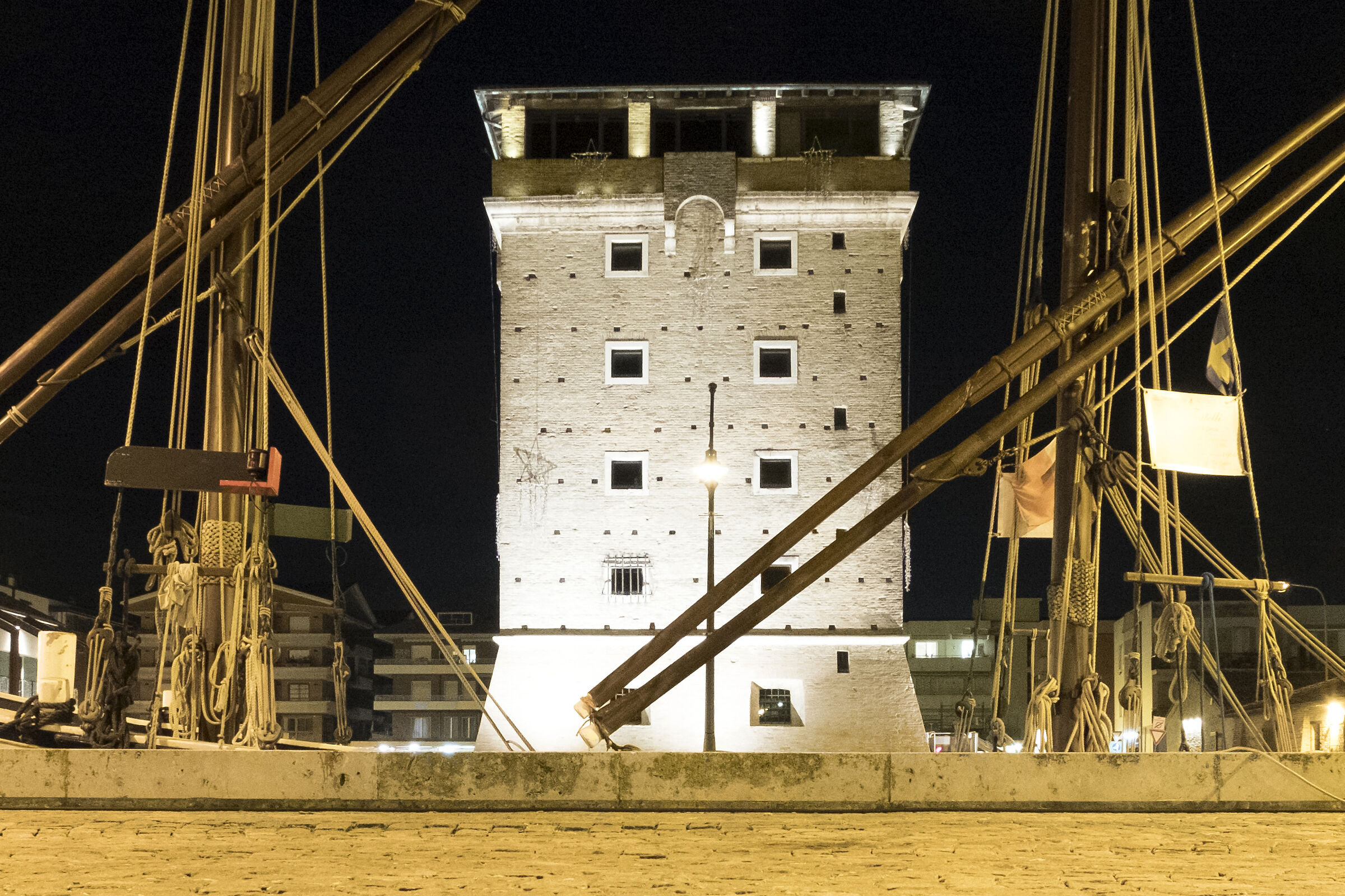 the tower framed by the trees of a boat