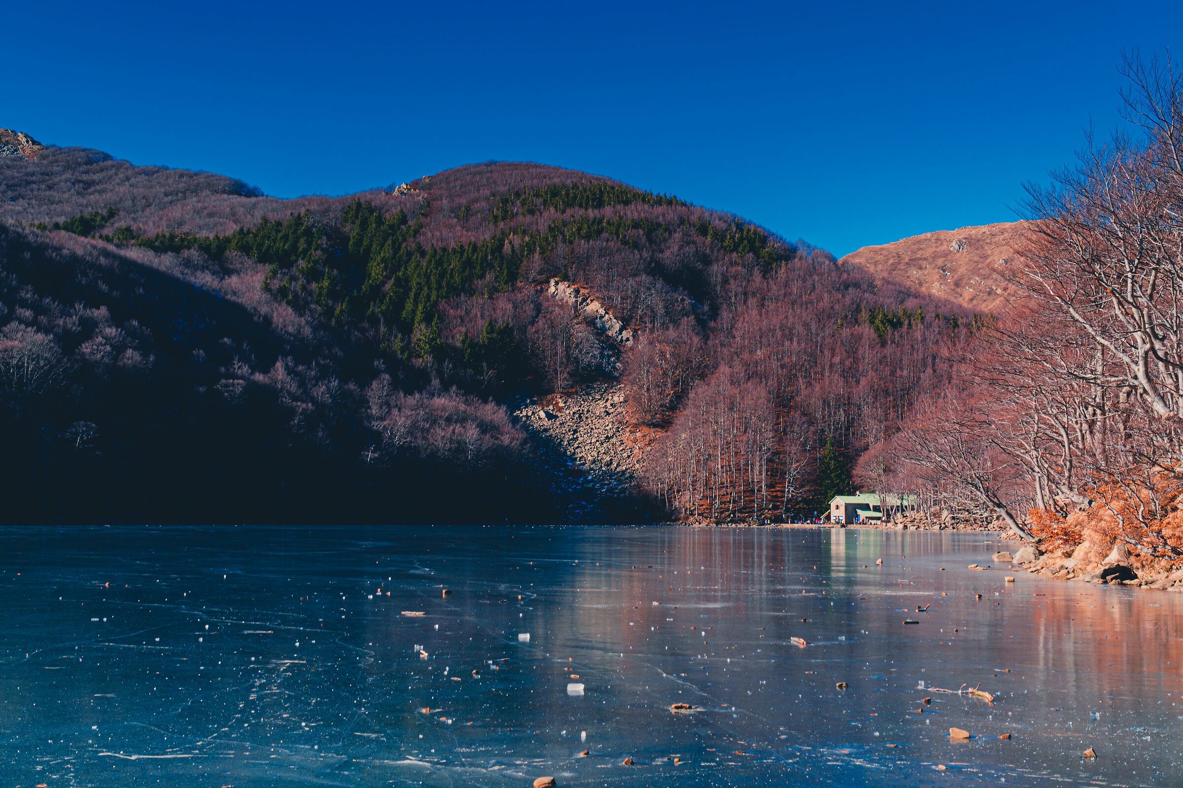 Lake Santo Frozen - view of the Mariotti Sanctuary