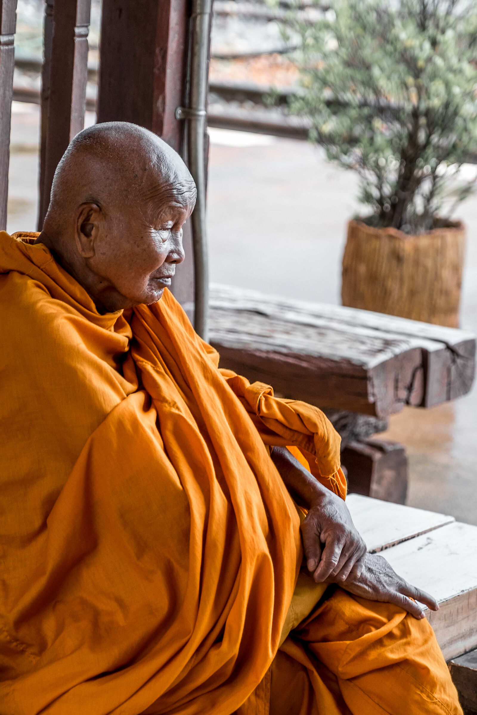 Monaco mon in attesa del treno a Kanchanaburi