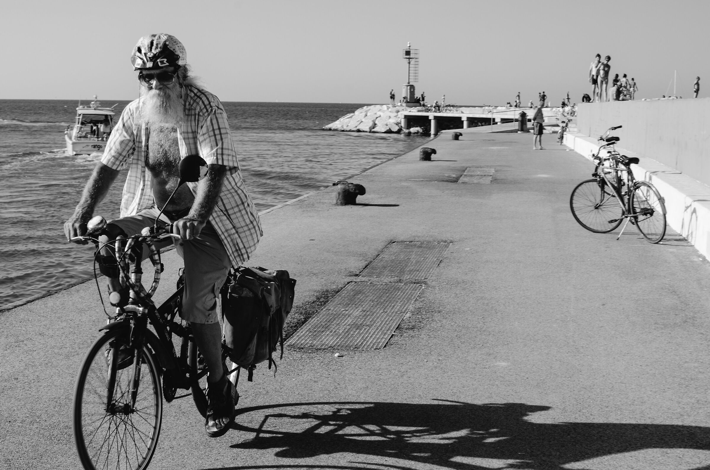 Man on bike bw