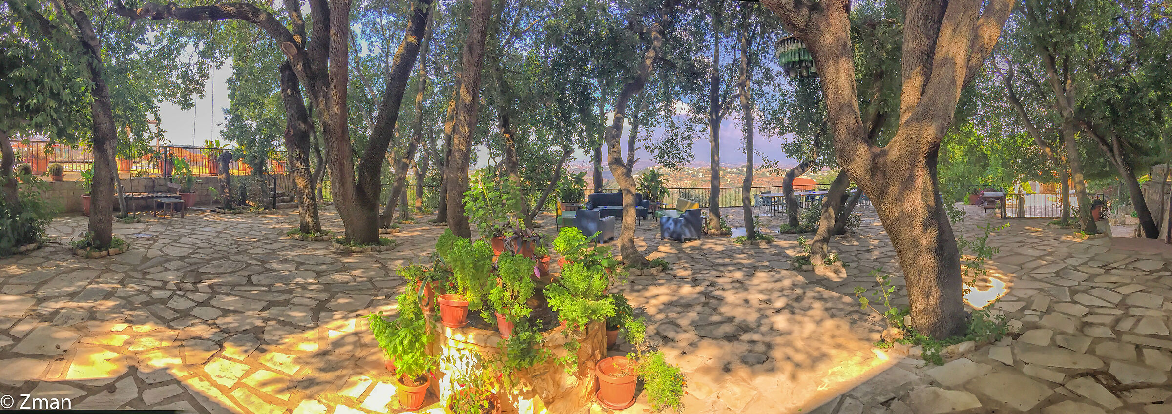 Oak Trees and a Fountain