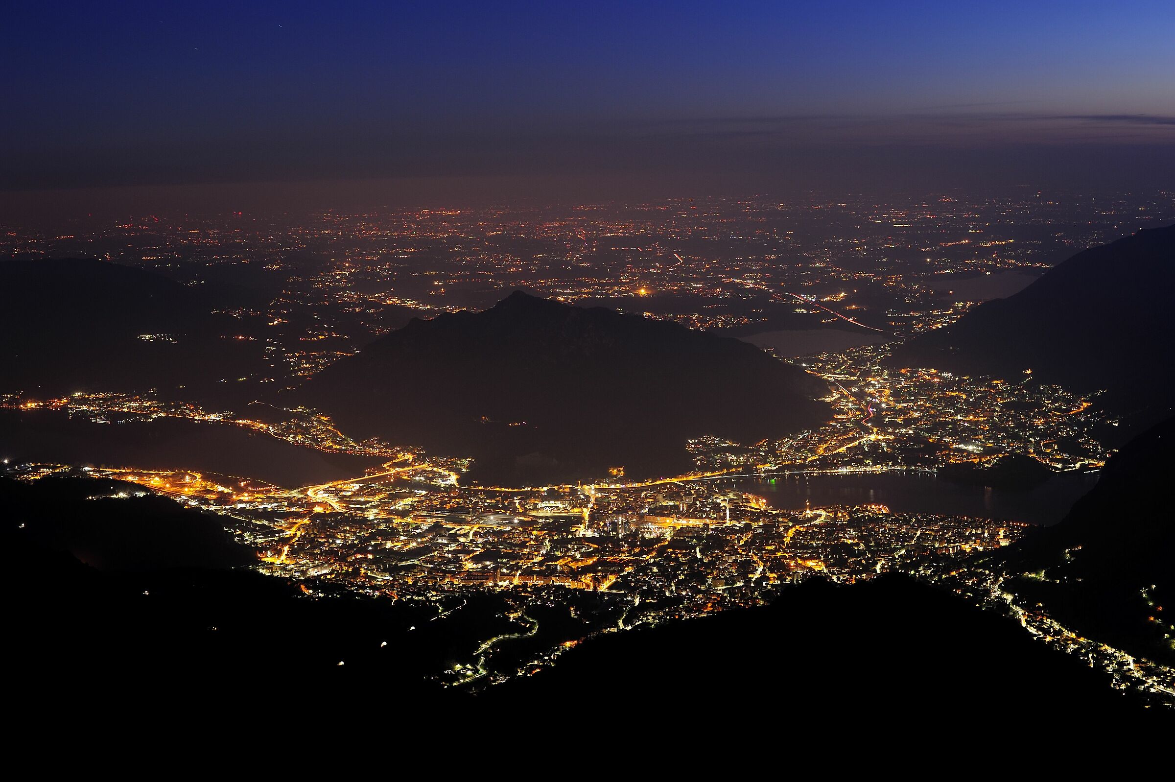 Lecco by night from top of Mount Two Hands