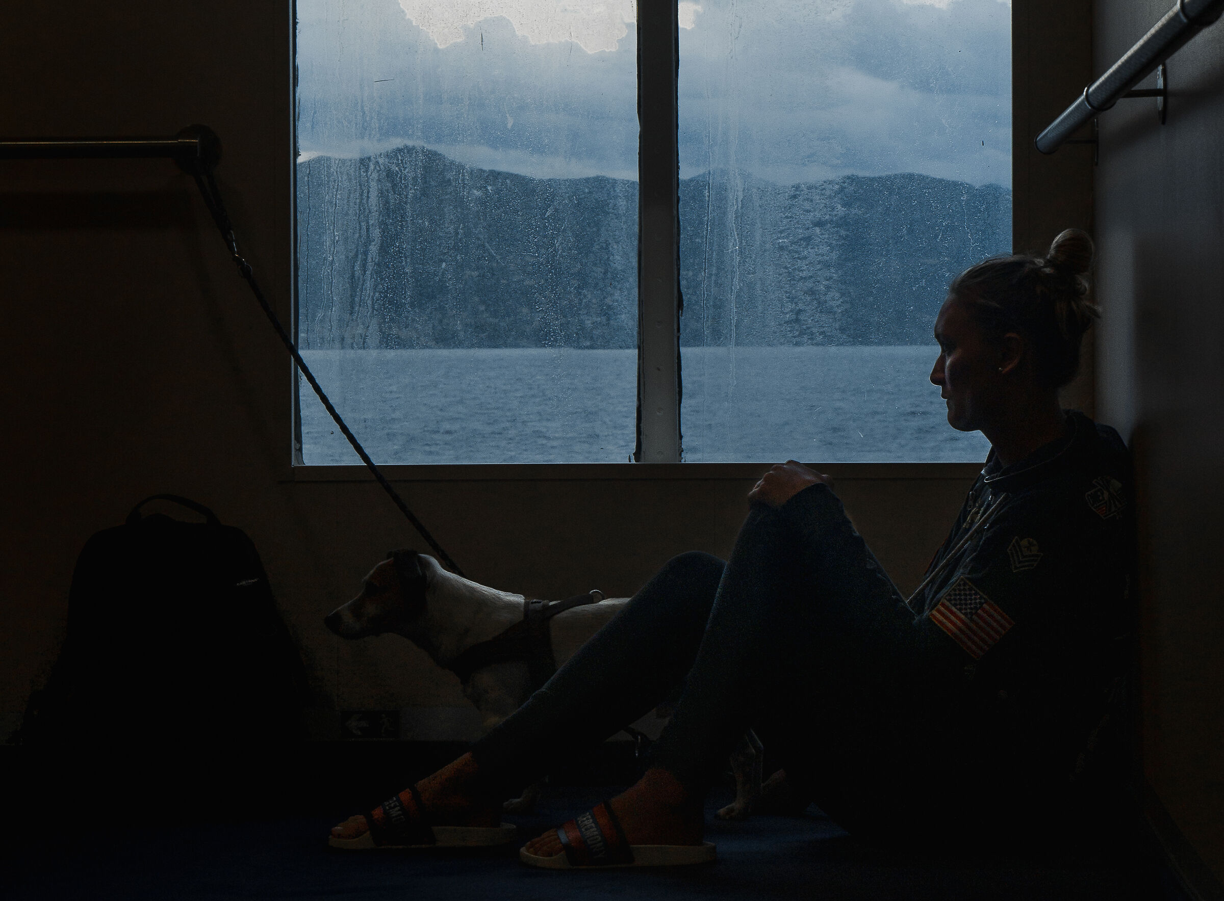 Ragazza col cane. Traghetto per Genova