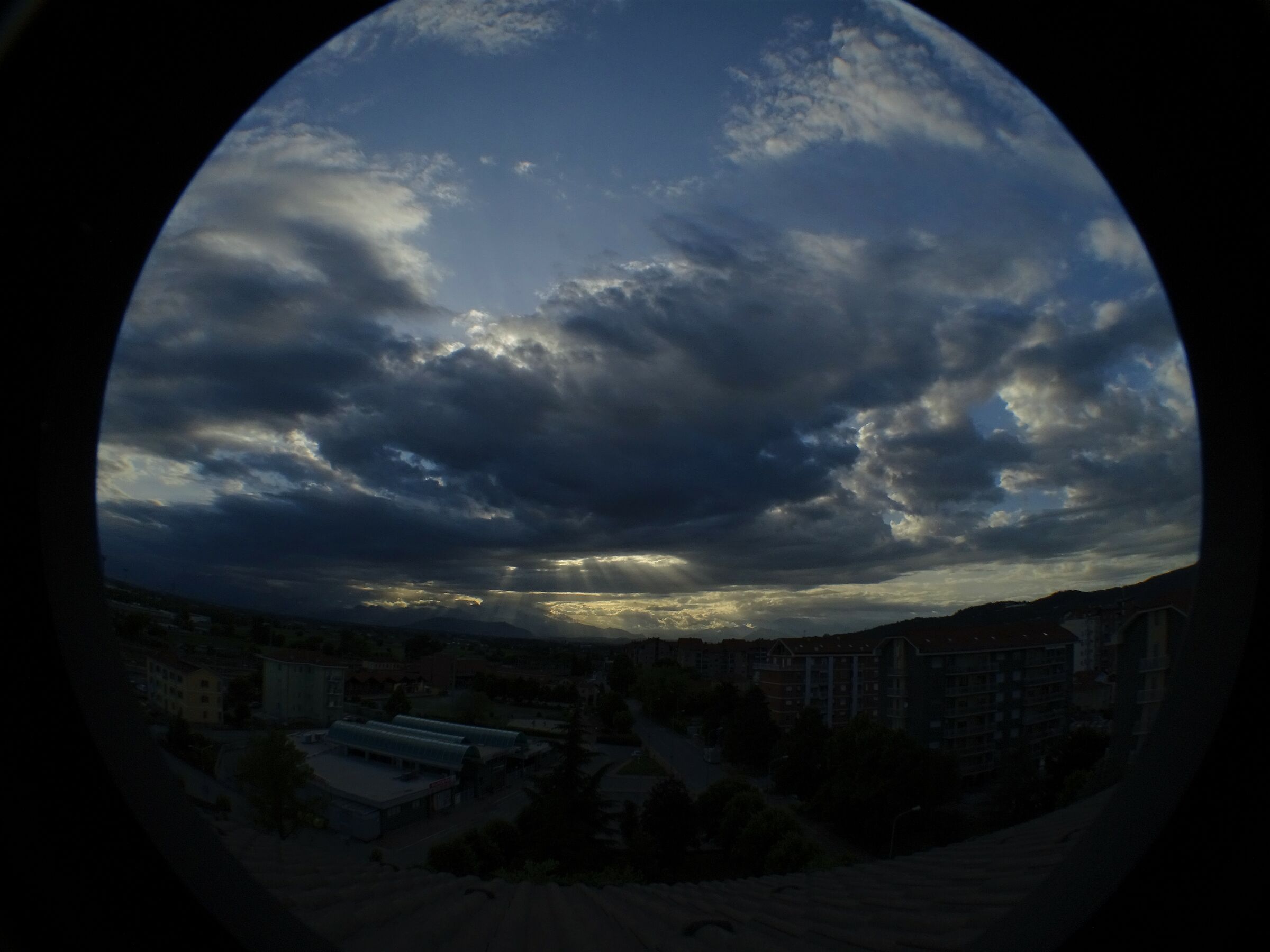 wide-angle sunset over city