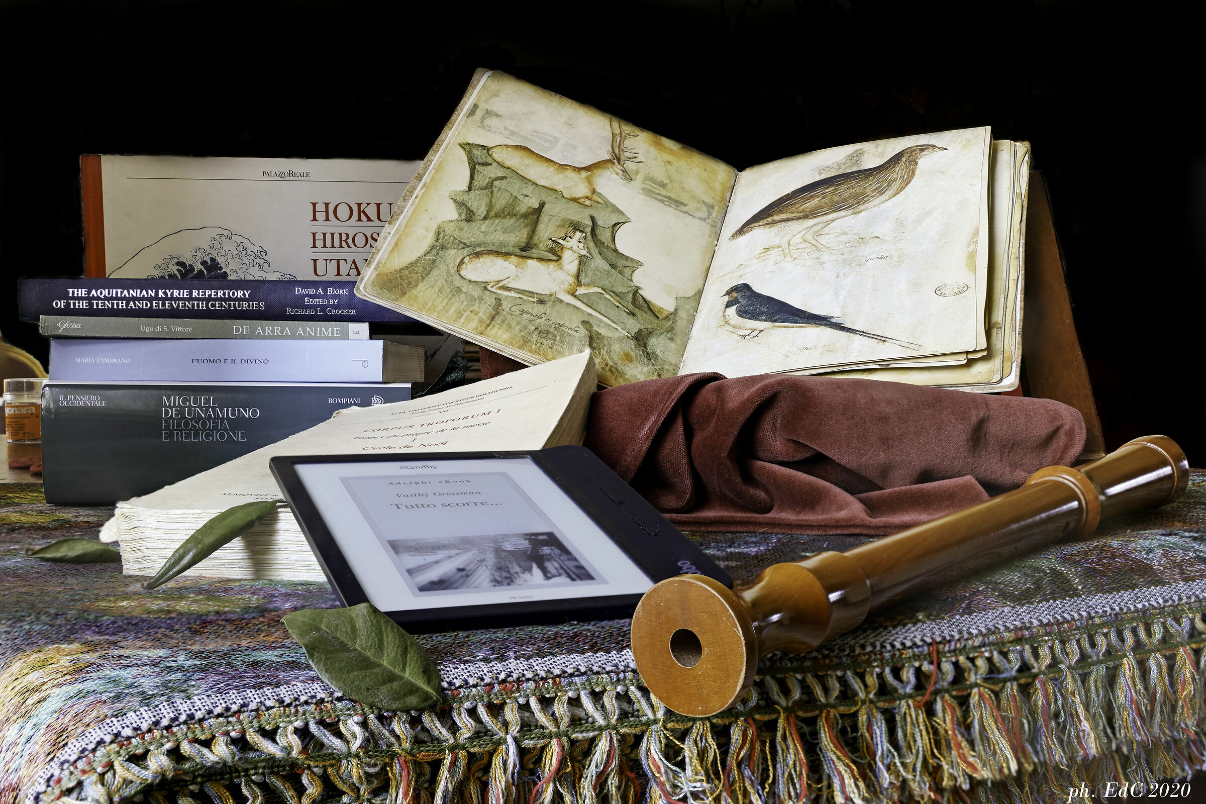 Still life of living interests with e-reader