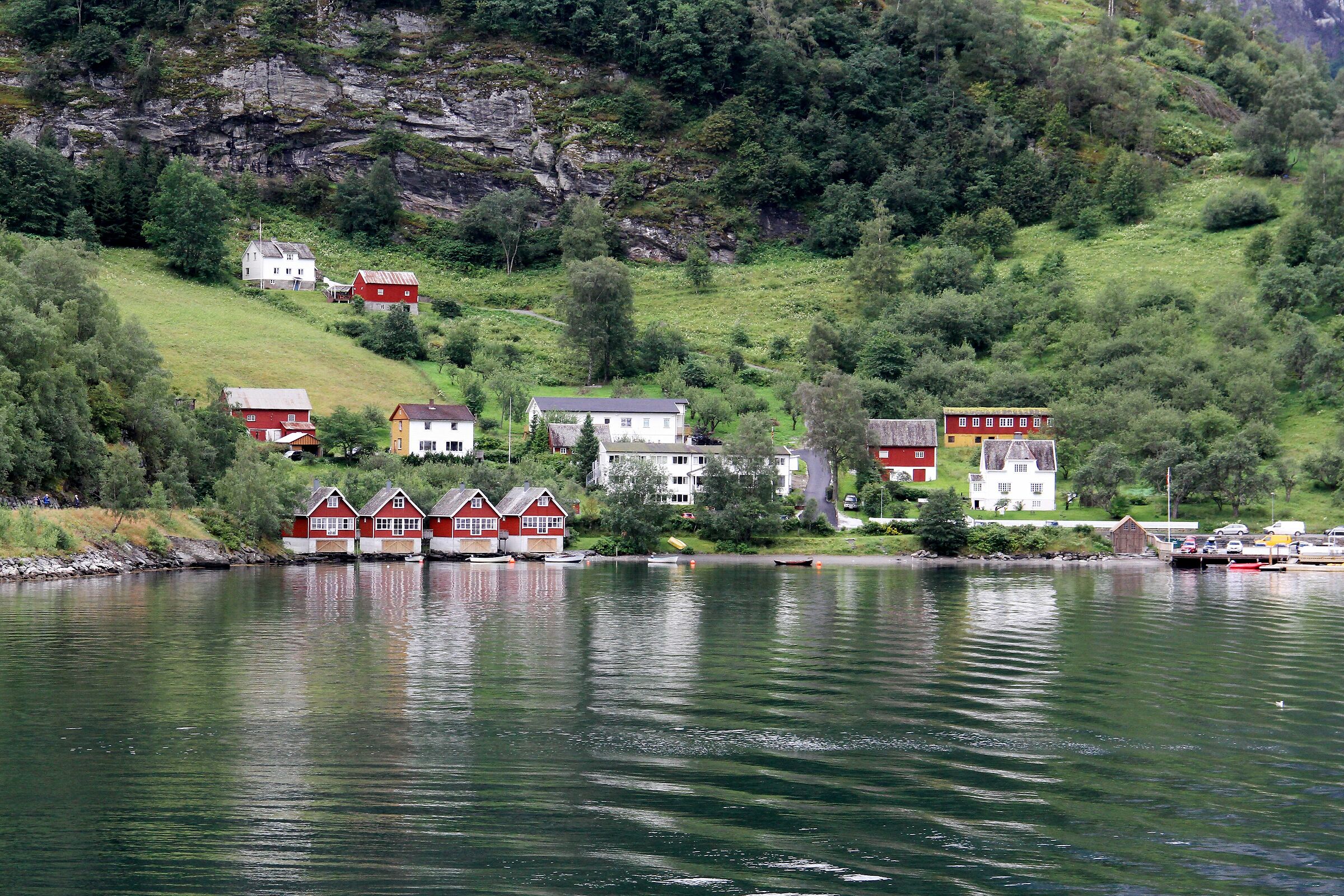 Norvegia-casette lungo l'Aurlandsfjorden, presso Flam
