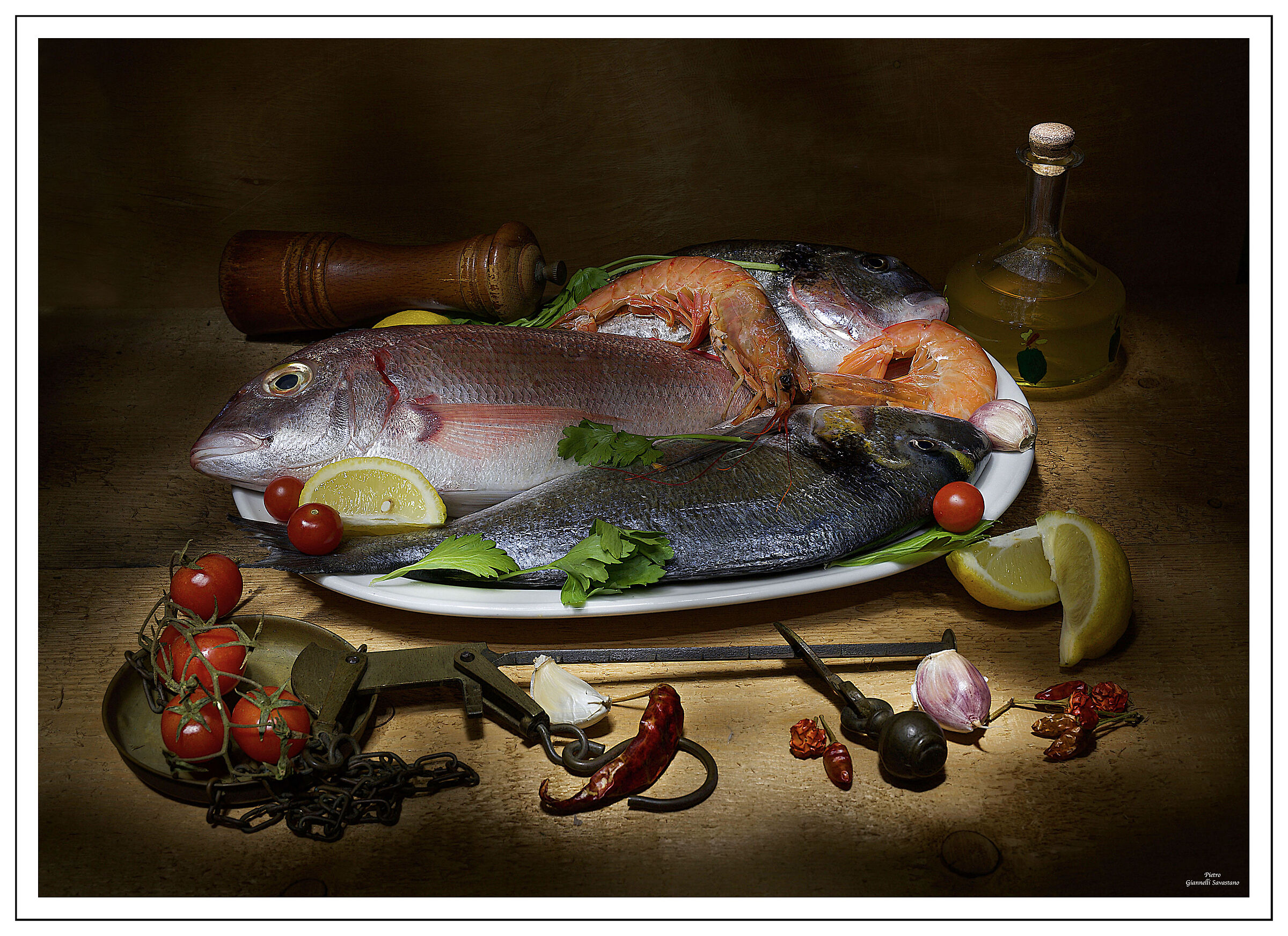 Natura morta, Orate, Pagello Fragolino e Gamberoni