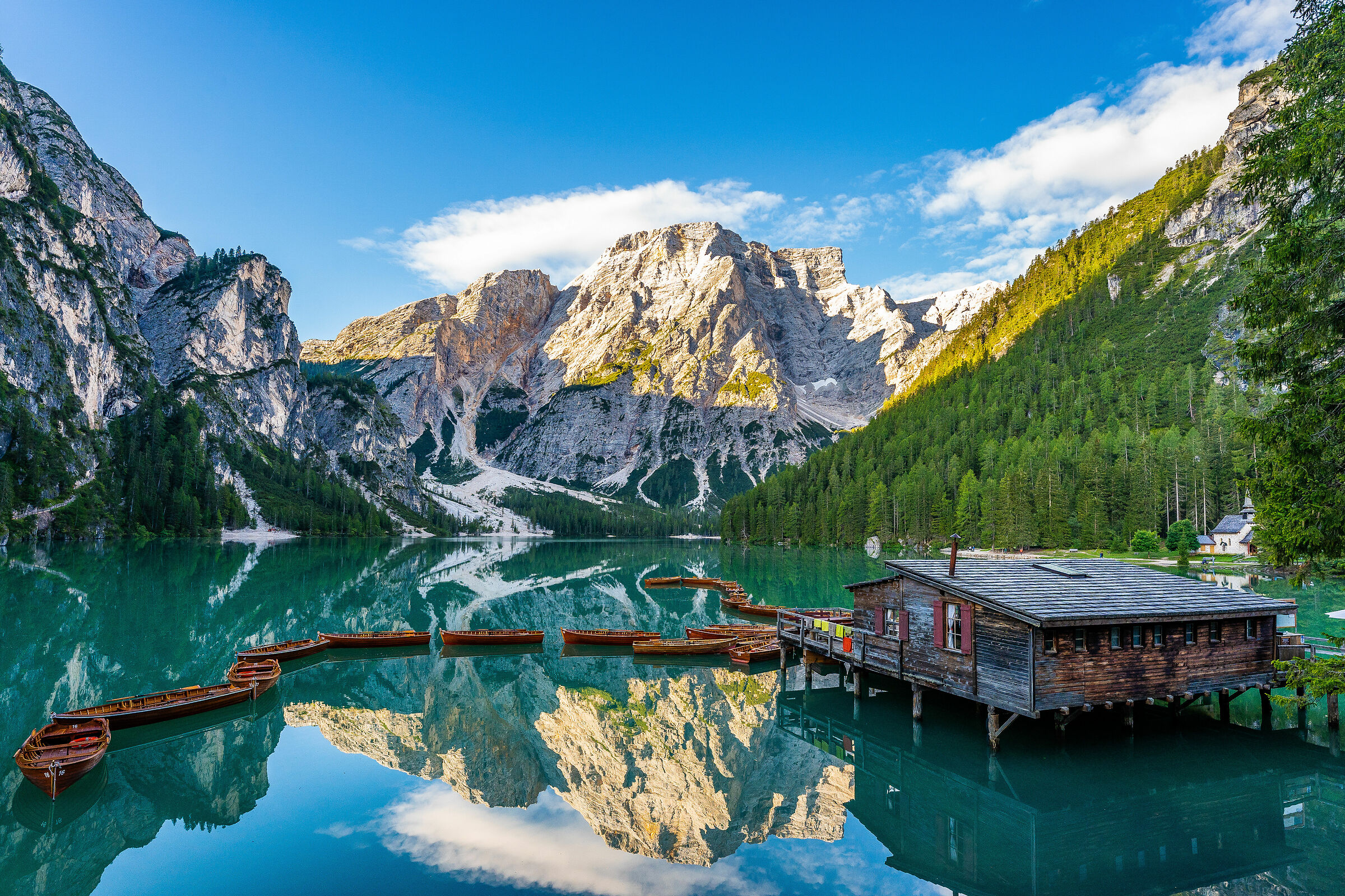 The first lights of dawn at Lake Braies