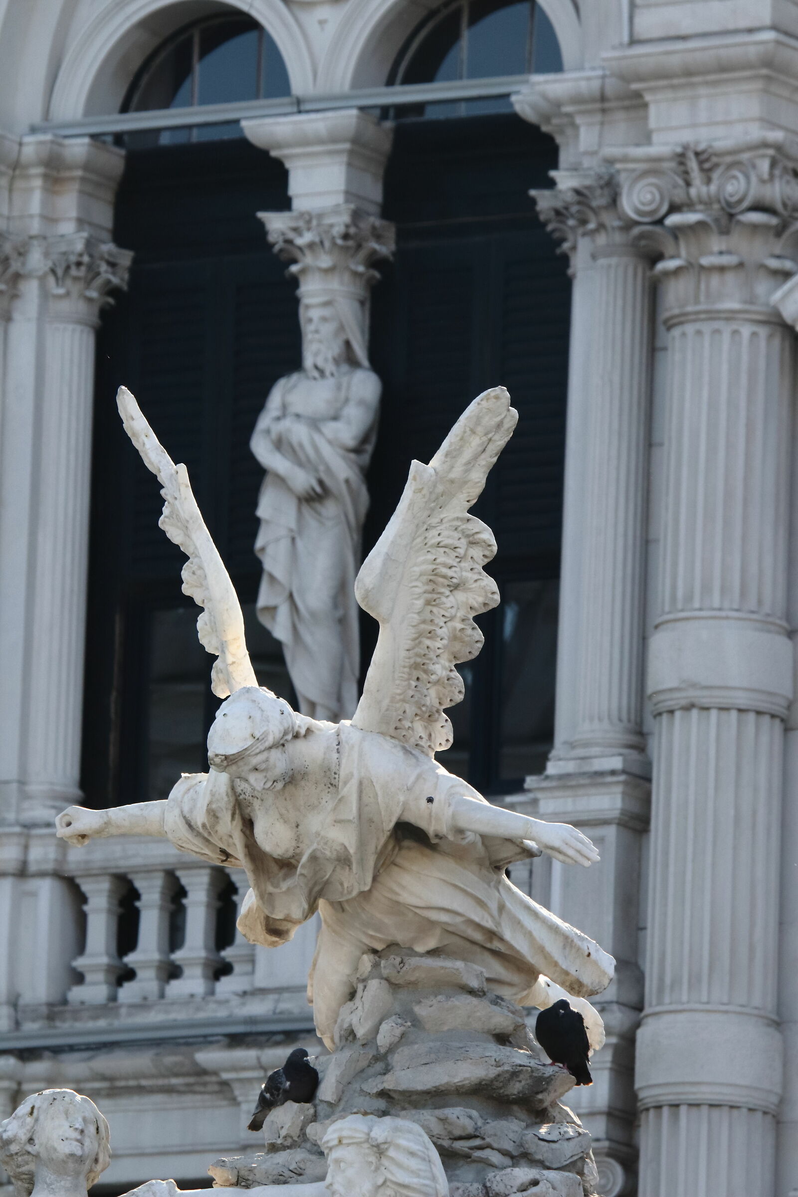 tra le ali spunta una statua