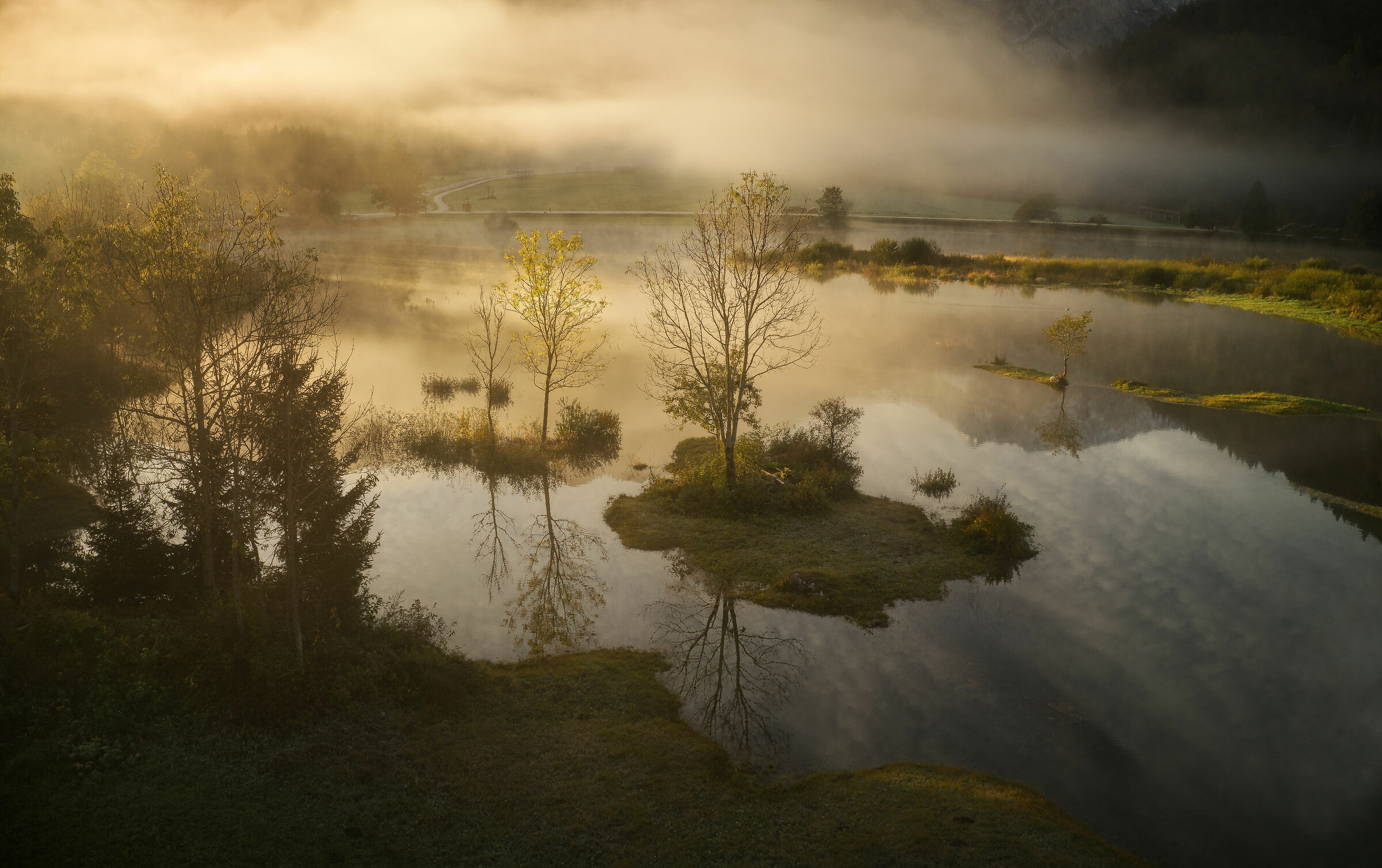 Mattina pittoresca vicino al piccolo lago